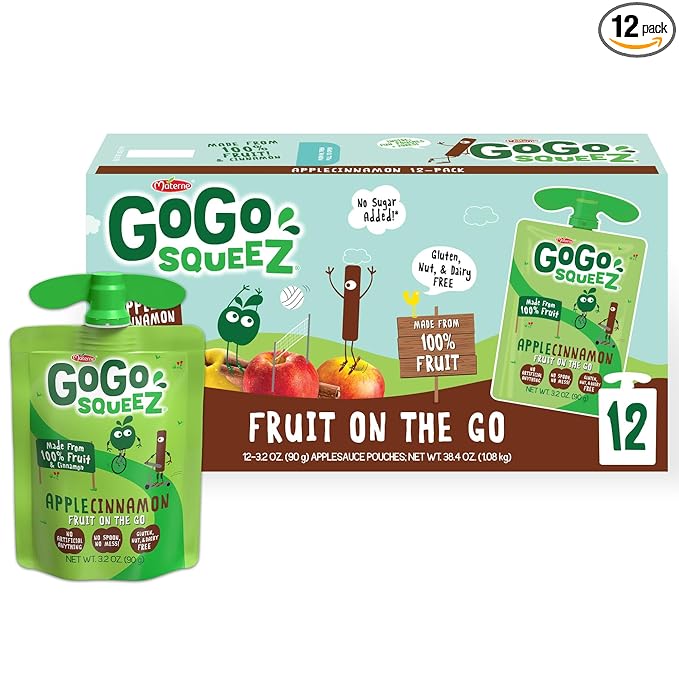 GoGo squeeZ Applesauce and Fruit Puree, Apple Cinnamon, 3.2 oz (Pack of 12), Unsweetened Fruit Snacks for Kids, Gluten Free, Nut Free and Dairy Free, Recloseable Cap, BPA Free Pouches