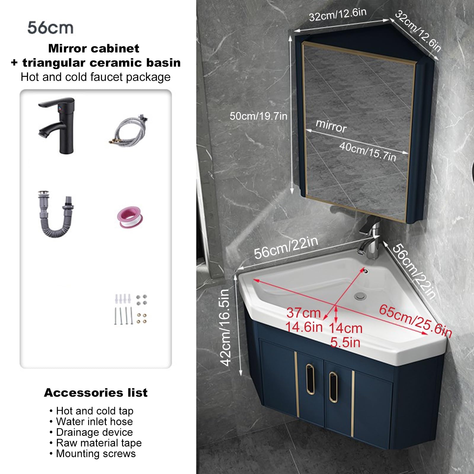 Moderno fregadero pequeño de pared con mueble flotante para tocador, mini lavabo de esquina en 3 colores, incluye grifo plateado, ideal para baños y apartamentos, juego azul de 2 a 56 cm
