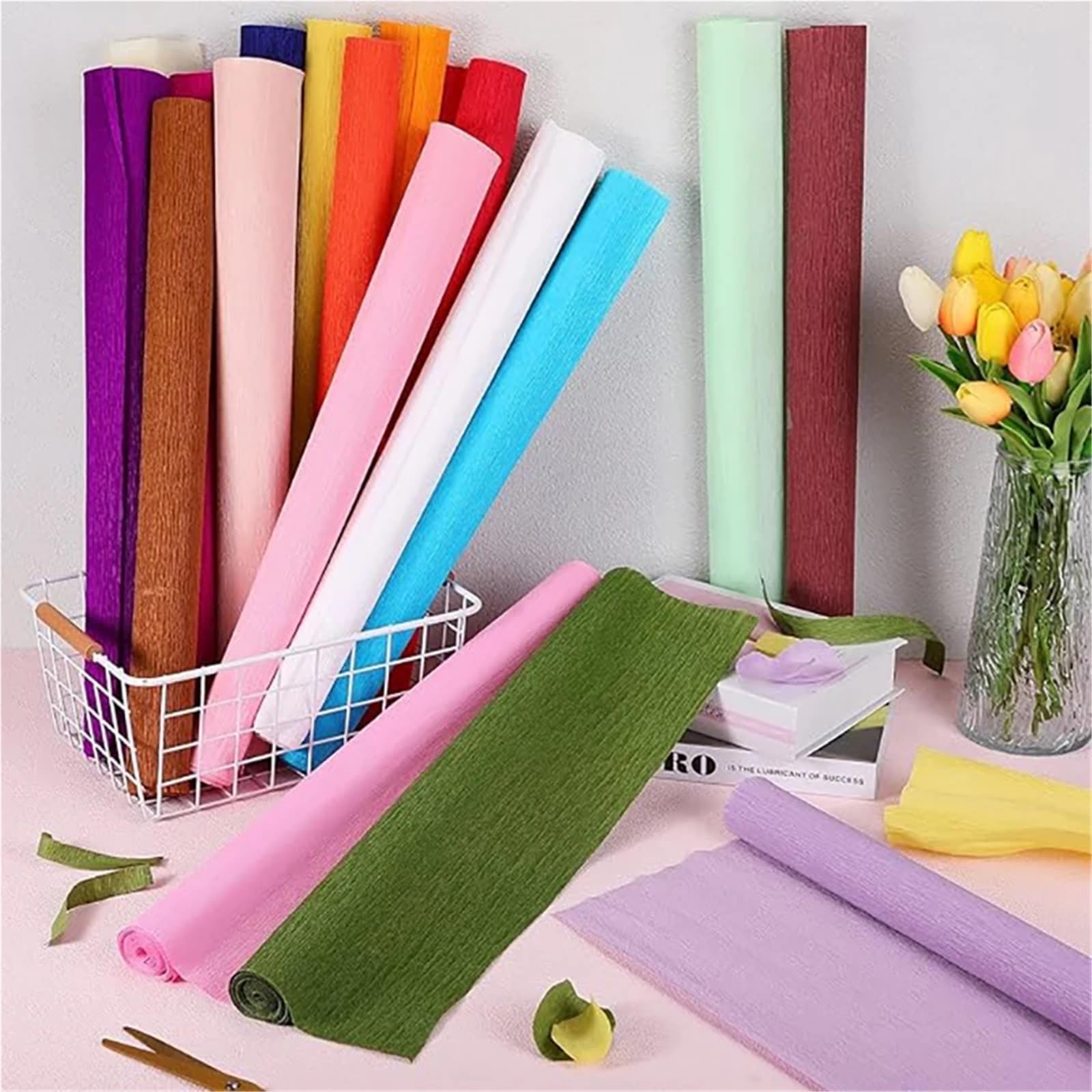 Rouleaux De Papier Crepon Lot de 6 Rouleaux de Papier crépon de 50,8 cm de Large, 2,4 m de Large, 70 g, for décoration de fête d'anniversaire, de Mariage, de Festival(Green)