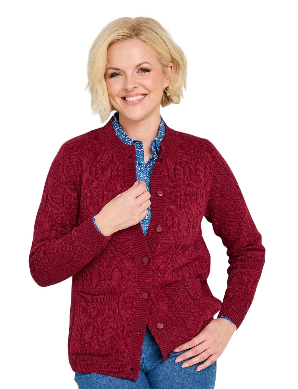Chums Ladies Cable and Diamond Design Cardigan Knit Fabric with Patch Pockets Wine 18-20
