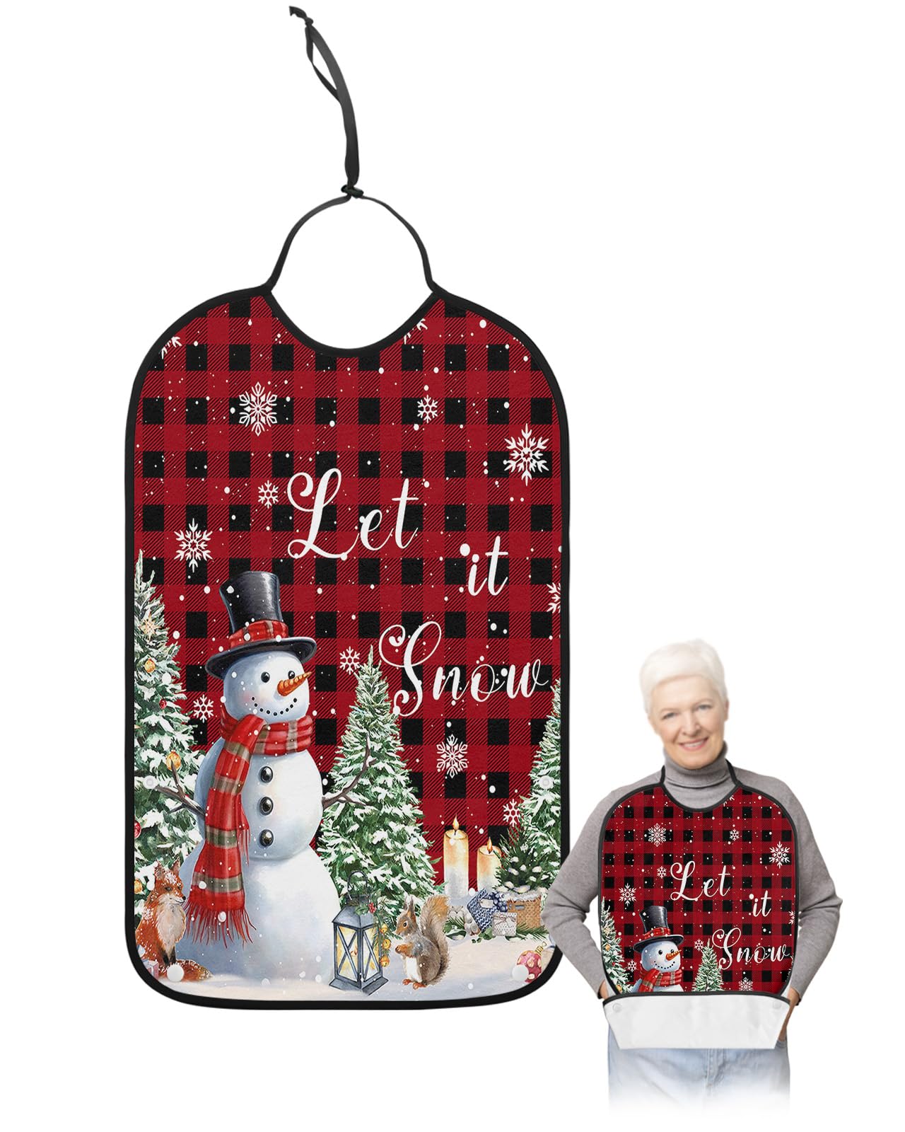 LEOKOTI Red Plaid Christmas Snowman Adult Bibs for Eating, Waterproof Bibs with Food Catcher & Adjustable Snap Closure, Xmas Tree Winter Snowflake Washable Clothing Protectors Adult Bibs for Elderly