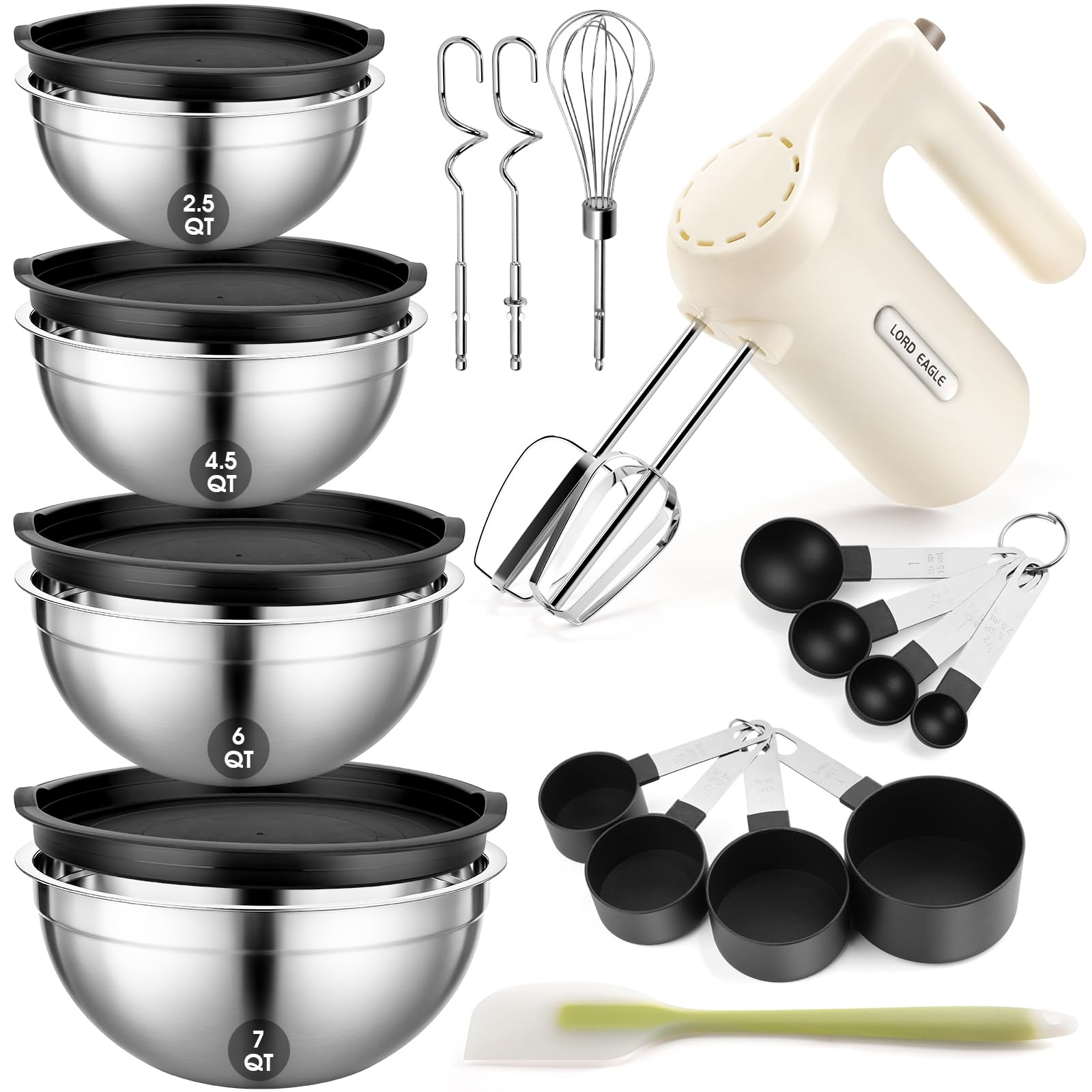 Lord Eagle 5-Speed Hand Mixer Electric With 4 Stainless Steel Mixing Bowls Set, 300W Lightweight Kitchen Handheld Mixer with Measuring Cups & Spoons, Baking Supplies for Cake, Cream