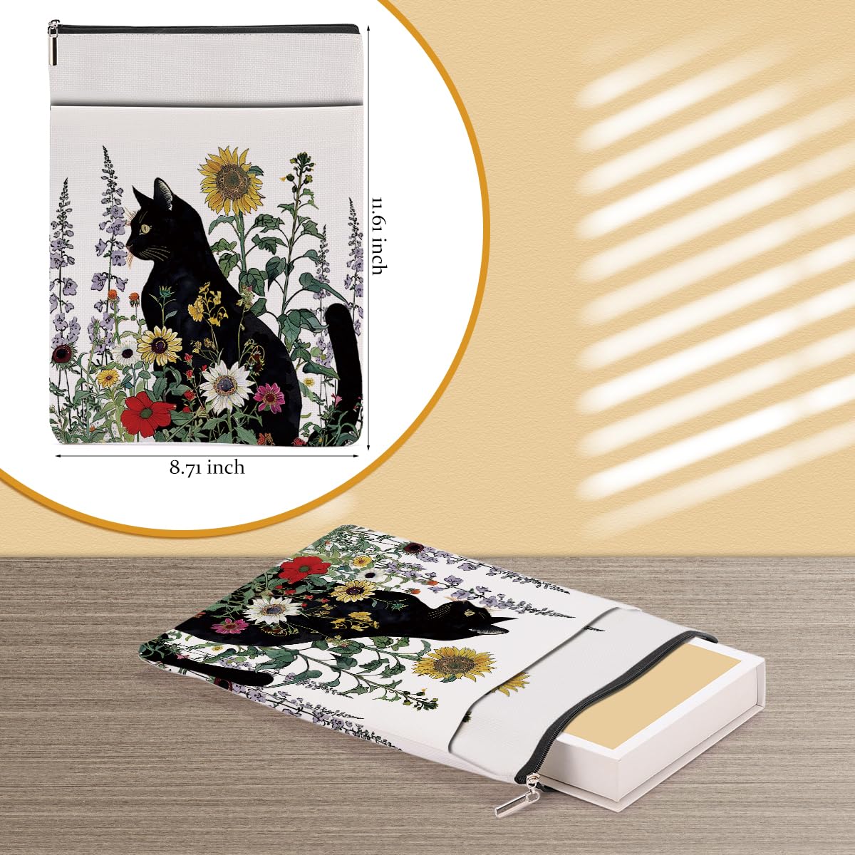 Funda floral para libros de gatos, regalos para amantes de los libros, regalos para gatos, protector de libro con cremallera y bolsillo frontal, accesorios para libros, regalos para amantes de los