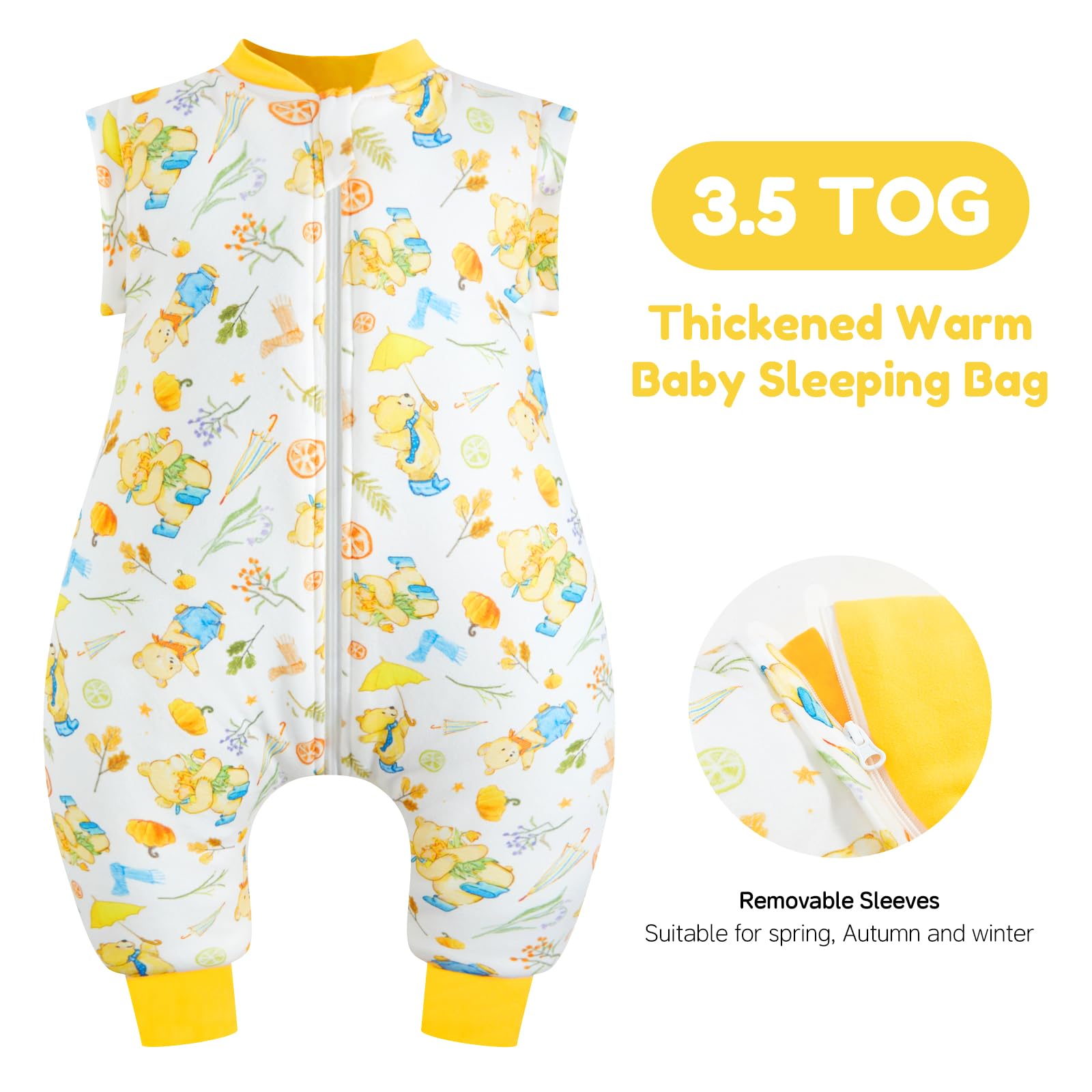 WYTbaby Sacco Nanna con Piedini 3.5 Tog per Bambini, Sacco Nanna Inverno Addensato con Maniche Rimovibili in Cotone, Sacco a Pelo per Neonati e Bambini Piccoli, Ragazzi e Ragazze