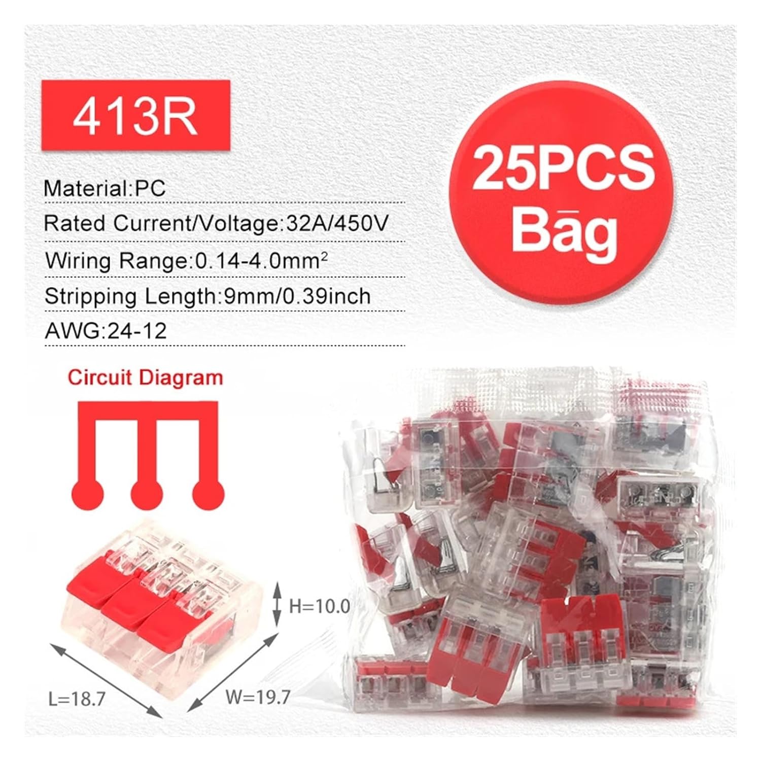 Universal Compact Wiring Splicing Conector Quick Wiring Terminal Block Set 25/75/76/90PCS Red Lever Compact Copper Conductor Push-in Electric Cable Wire Connector Kit(413R 25PCS)