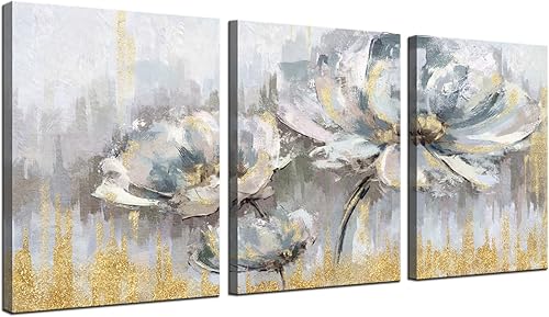 Biuteawal 3 piezas de flores blancas y grises, decoración floral floreciente con pintura dorada, arte de pared, arte abstracto moderno, arte de