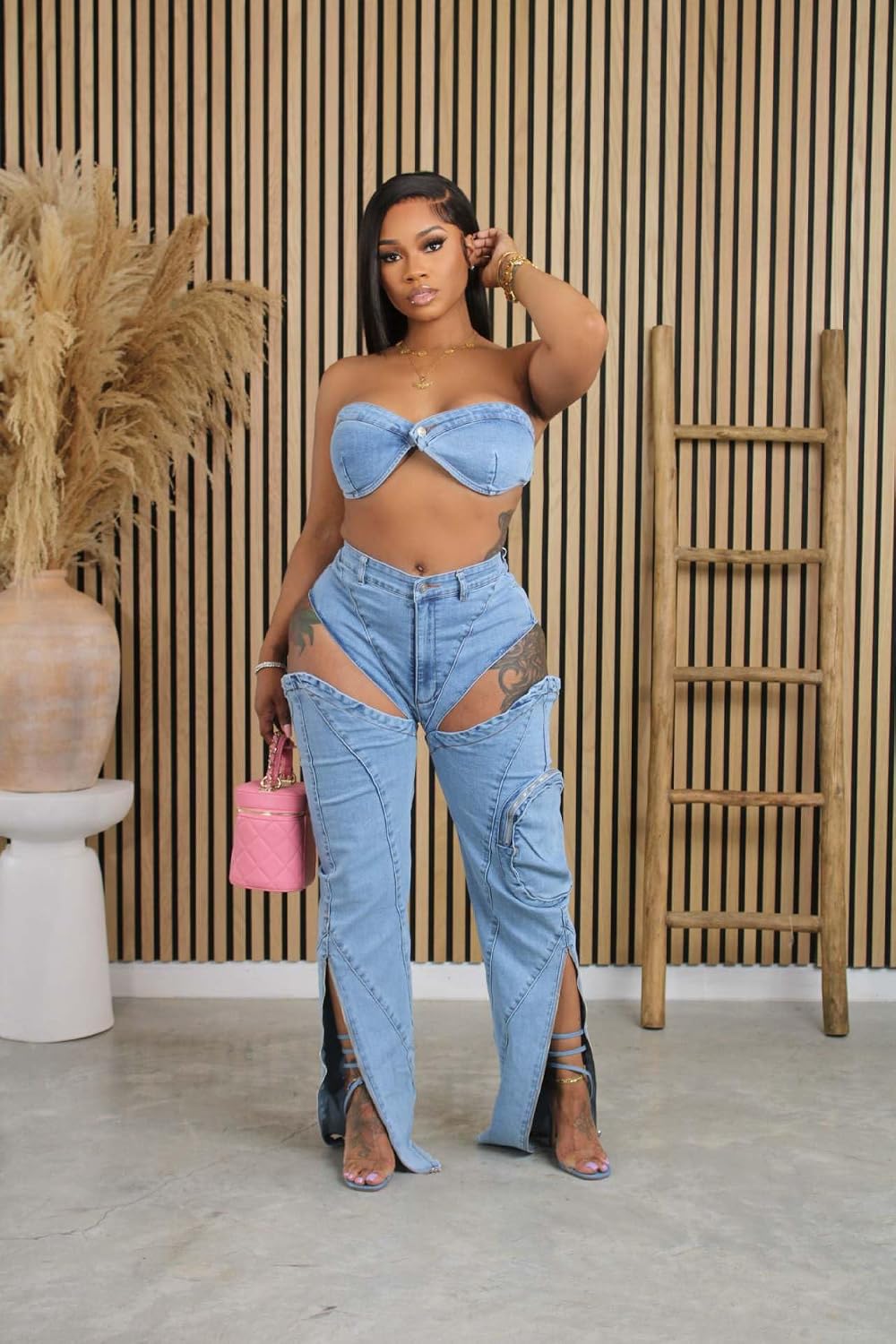 Women's Summer Clothing Y2K Jeans Suit Sexy wrap top Washed Elastic Large Pocket Trendy Pants (US, Waist, 32, Regular, M, Blue)