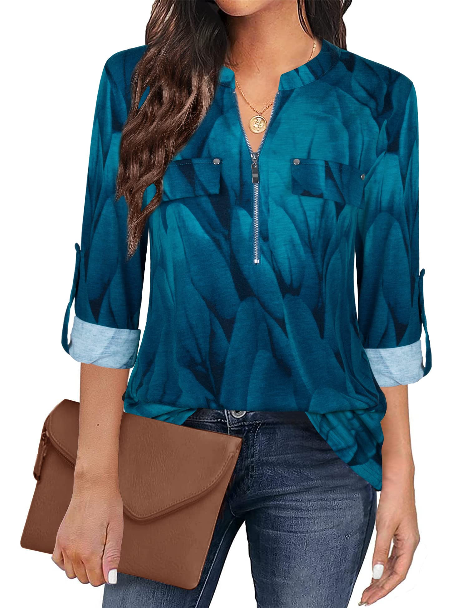 Siddhe Damen V-Ausschnitt Bluse 3/4 Ärmel Tunika mit Reißverschluss Elegant Longbluse Lange Shirt Casual Langarm Top Shirt Oberteil