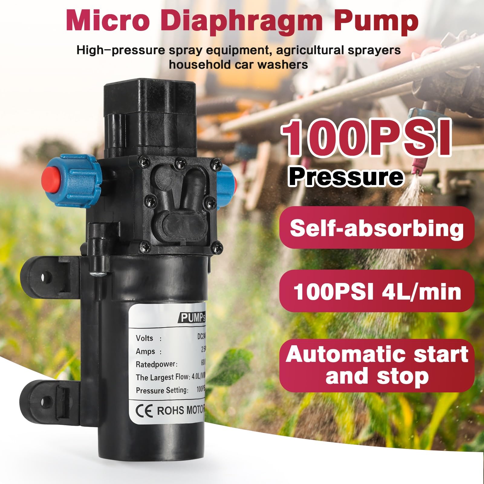 DEWIN Waterpomp, 24 V, 60 W, micromembraan-waterpomp, automatische schakelaar, 4 l/min, hogedruk-autowassproeier