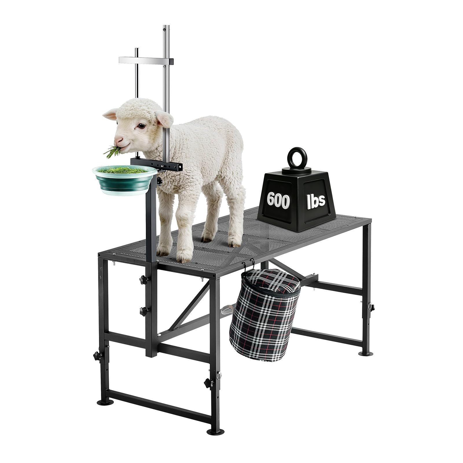 VEVOR Supporto per Mungitura Capre, Piattaforma Metallica 1195 x 584 mm con Mangiatoia, Testiera Regolabile e Cestino Porta Attrezzi, Colore Nero, per Cura di Bestiame Animali da Fattoria Tosatura