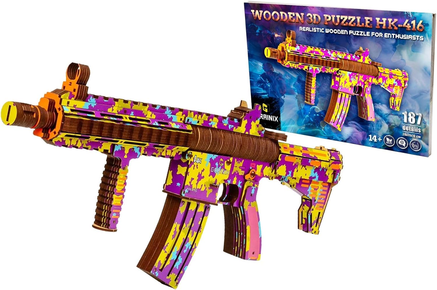 HK-416 Wooden 3D Gun Puzzle Kit – DIY Colorful Rubber Band Gun Model with 202 Details, Creative Wooden Model Building & Assembly Kit for Adults & Hobbyists