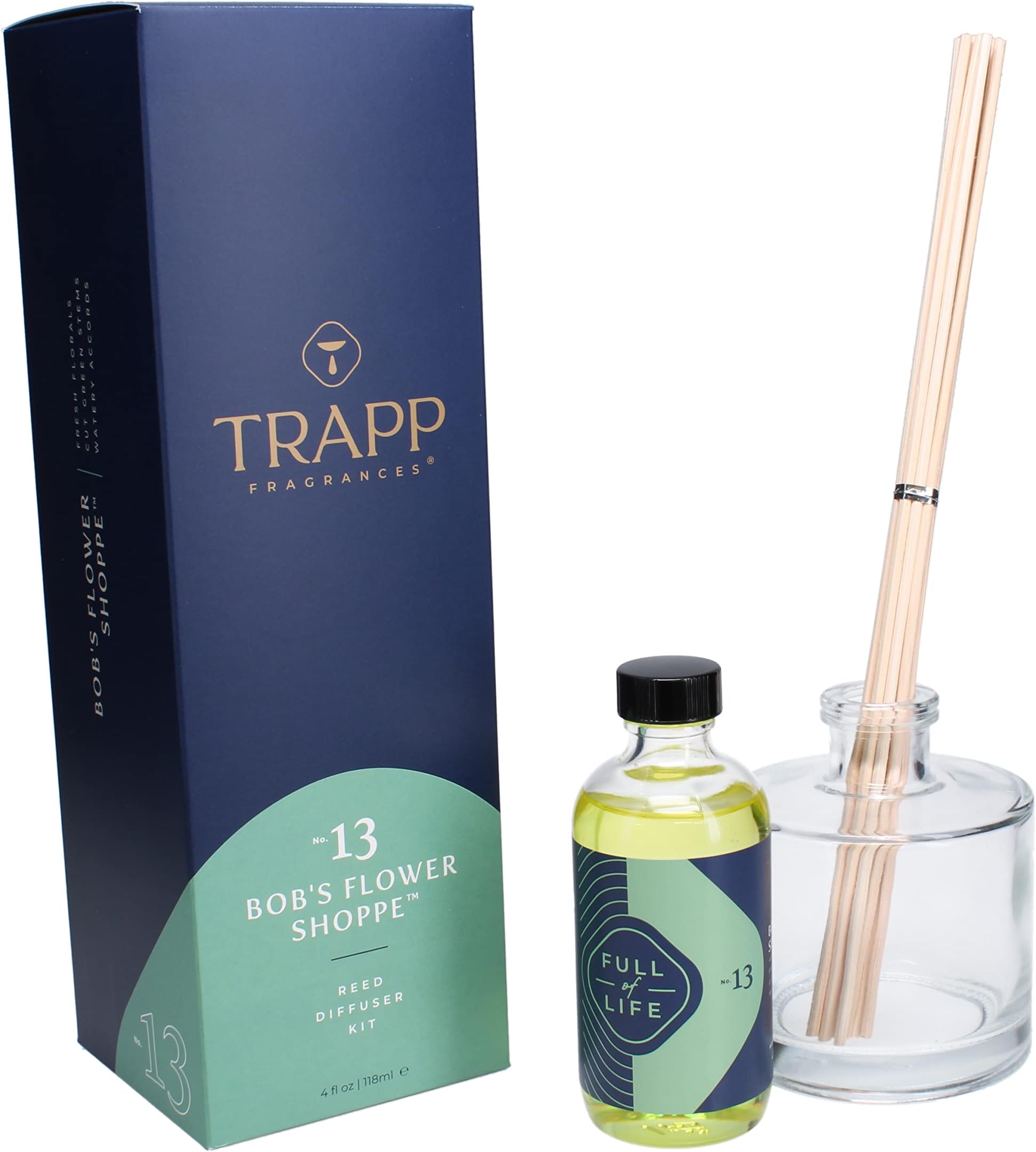 No. 13 Bob's Flower Shoppe - Reed Diffuser Kit - 2 Sets of 12 Reeds, Scented Diffuser Oil (4 oz.), Vase - Long Lasting Scent Notes of Fresh Florals, Cut Green Stems, and Watery Accords