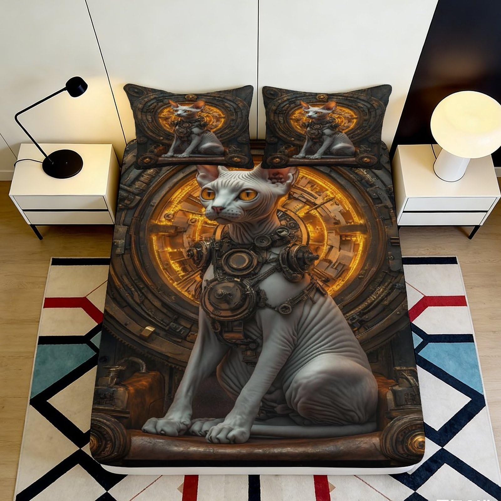 3D Printed Steampunk Sphynx Cat Fitted Sheet Microfiber Orange Artistic Bed Cover for Bedroom Dorm Decor 90x200x25cm