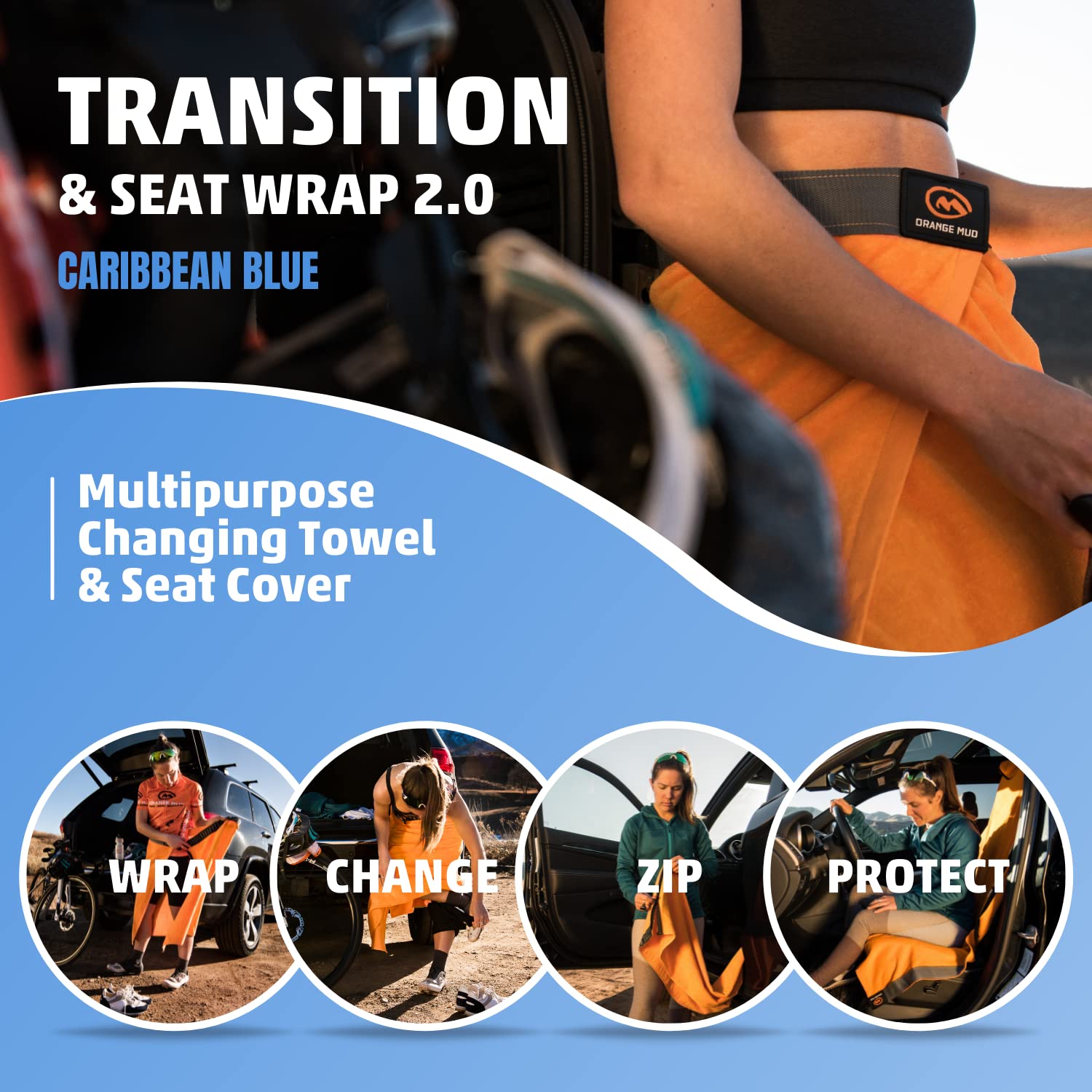 Orange Mud 3in1 Transition Wrap 2.0, Sporthandtuch + Autositz-Cover + Umzieh-Hilfe, Farbe schwarz, Black (Caribbean Blue)