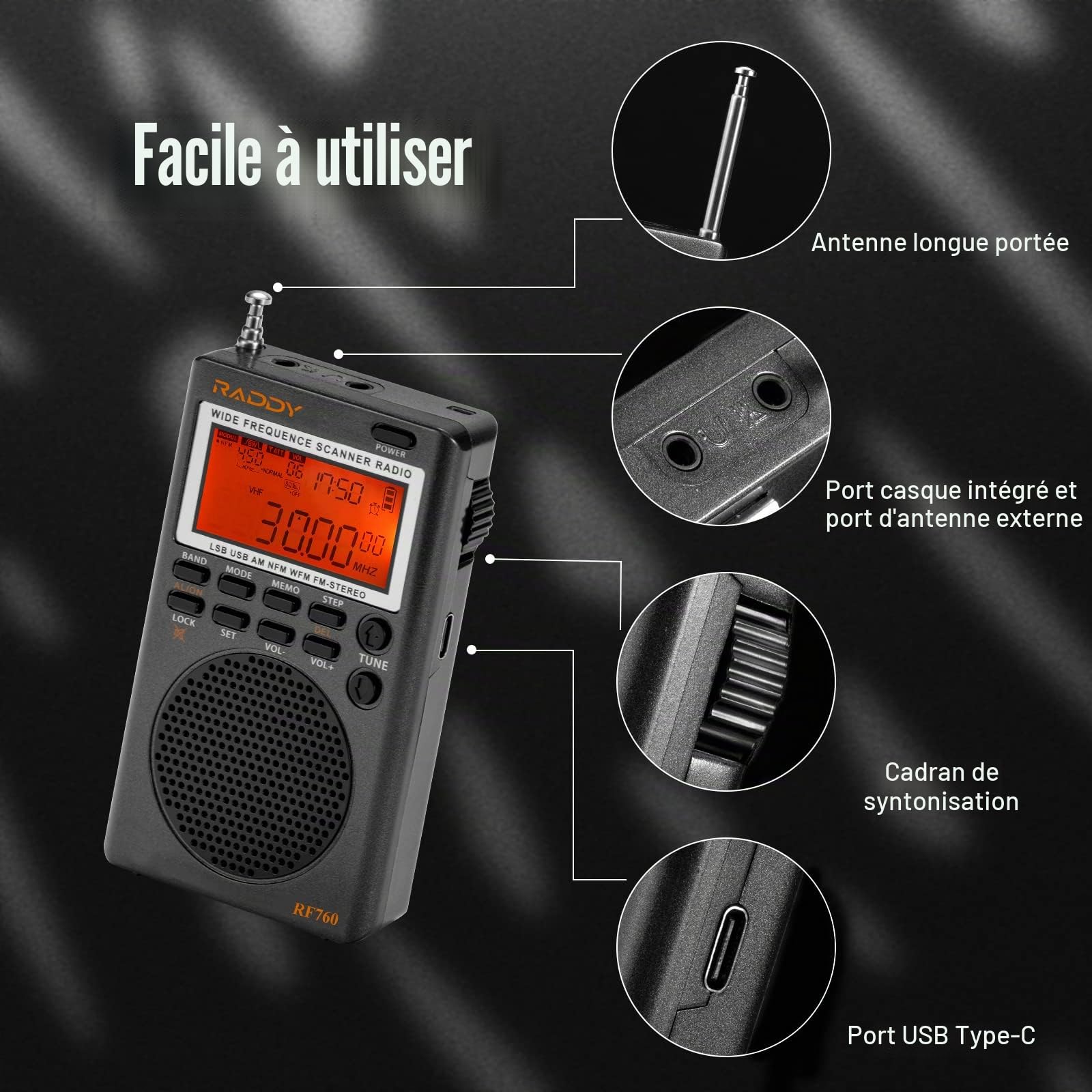 Raddy RF760 Radio numérique Large Bande à Ondes Courtes FM/AM/SW/CB/VHF(UHF)/WX/air Rechargeable avec Prise Casque, antenne Filaire de 3 m
