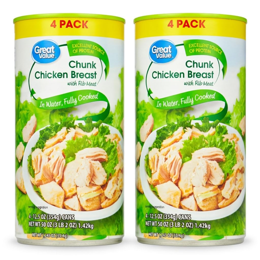Great Value Chunk Chicken Breast, 12.5 oz Can, Pack of 8 Cans Total, 13g Protein per Serving, Fully Cooked, Gluten-Free