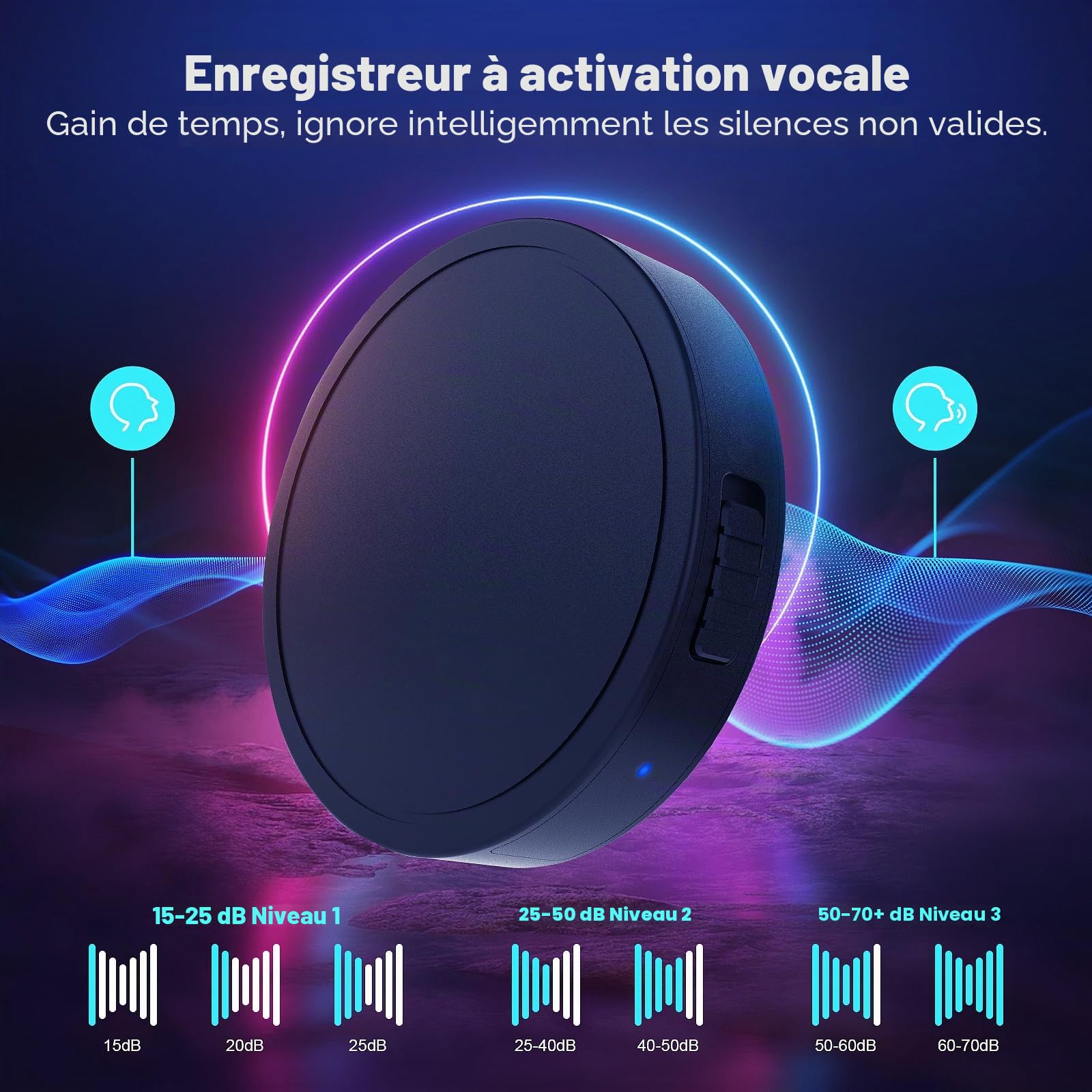 Enregistreur vocal Elasound 132G (9800 heures) avec triple annulation intelligente du bruit AI, enregistreur audio portable USB-C pour le travail, les conférences, les réunions, les entretiens