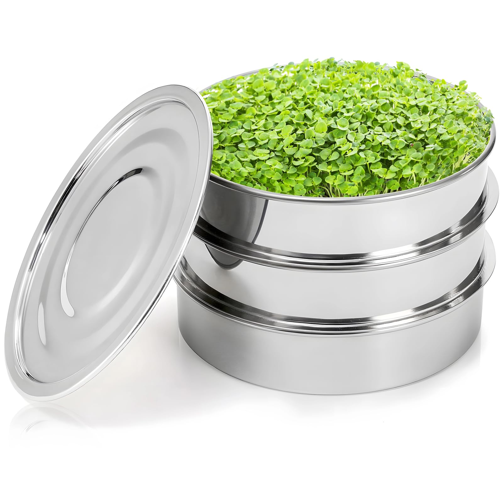 Stainless Steel Seed Sprouting Kit, 8 inch 3-Tier Stackable Sprout Growing Tray, Round Seed Sprouting Grower with Encrypted Mesh, Germination Tray for Beans, Broccoli Sprouts, Wheat Grass, Microgreens