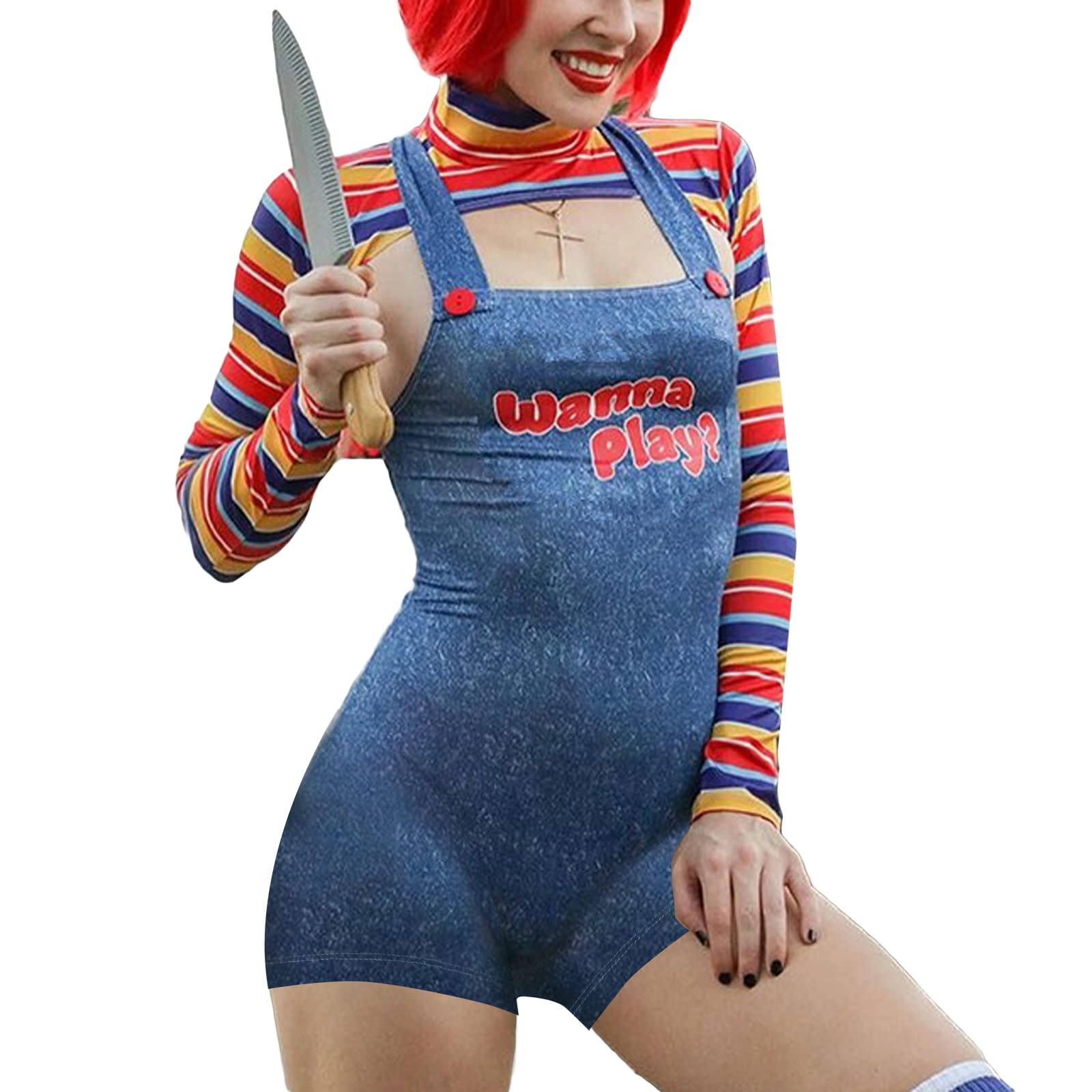 Acrawnni Women Halloween Costumes Nightmare Killer Doll Wanna Play Movie Character Bodysuit Anime Clown Cosplay 2 Pcs Costume Set Halloween Outfit (A-Blue - Image 2