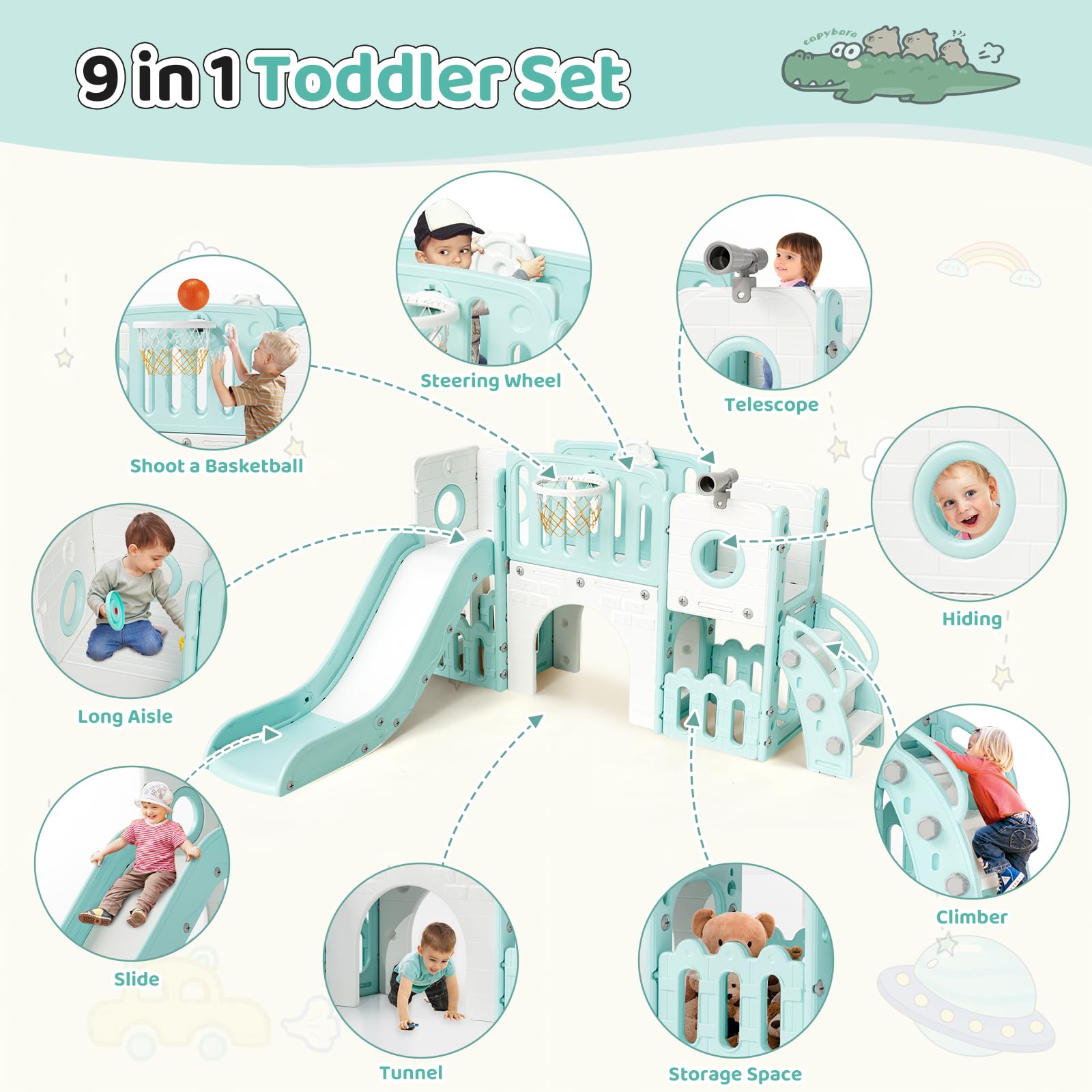 MAMIZO 9 in 1 Scivolo per Bambini, Scivolo Giocattolo da Interno o Esterno Canestri da Basket e Telescopi, Scivolo da Giardino Spazio di Deposito e Tunnel,2 anni e oltre,mit 2PCS Moduls,Verde e Bianco