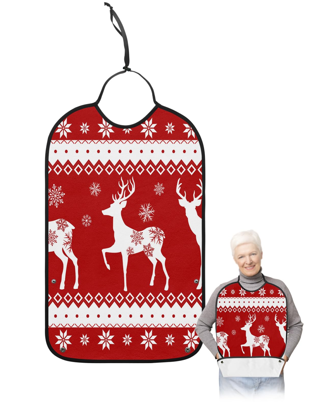 LEOKOTI Christmas Elk Adult Bibs for Eating, Waterproof Bibs with Food Catcher & Adjustable Snap Closure, Winter Snowflake Red Backdrop Washable Clothing Protectors Adult Bibs for Elderly Women/Men