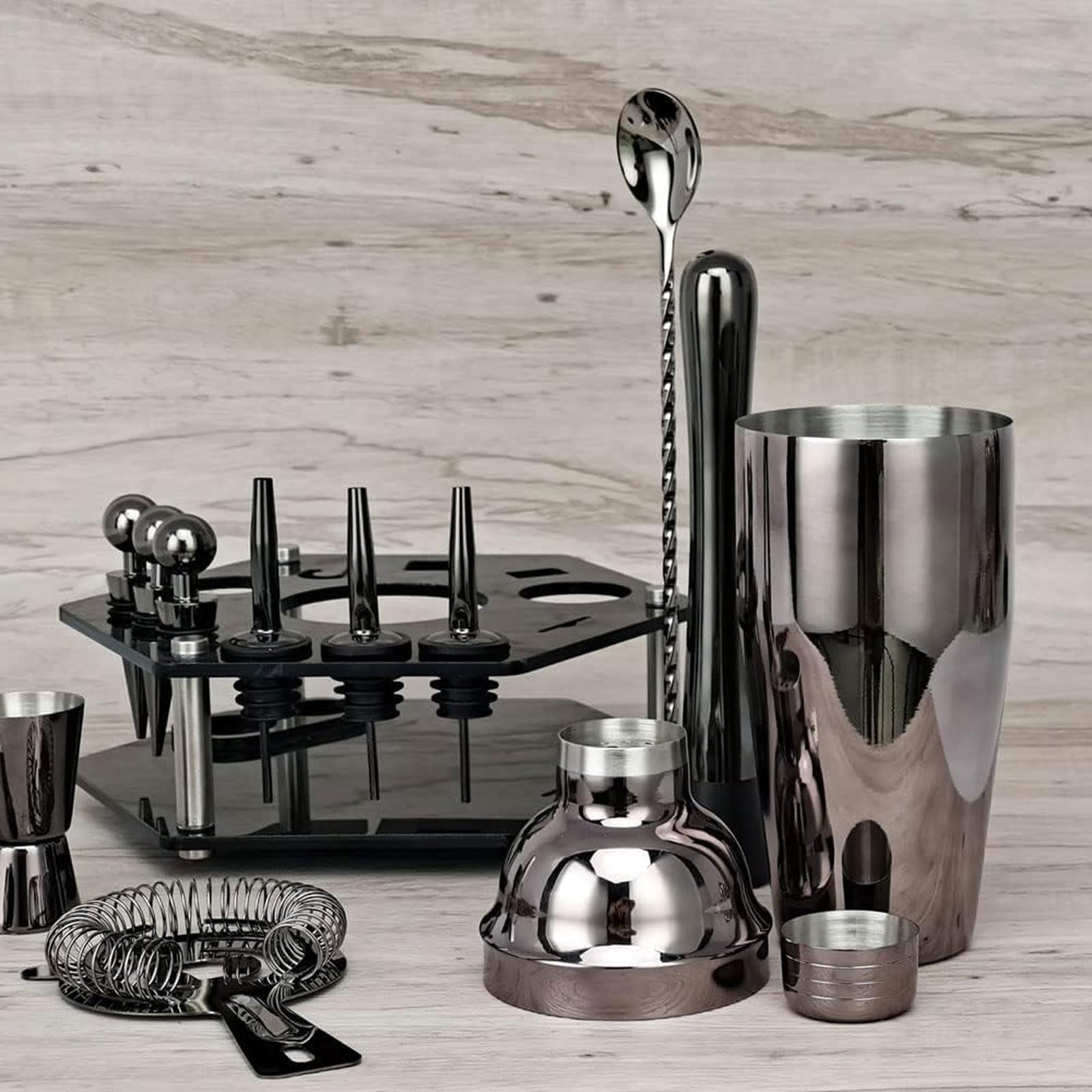 14-teiliges Cocktail-Shaker-Set aus Edelstahl mit Aufbewahrungsregal, Barmixer-Getränkeset for den privaten und professionellen Gebrauch