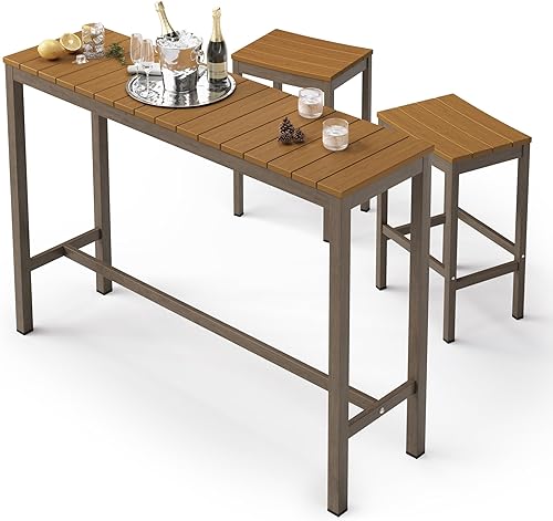 Miniatura 21 de Juego de mesa y sillas de altura de barra para exteriores, 3 piezas con parte superior negra y patas de bronce para patio, con mesa superior alta