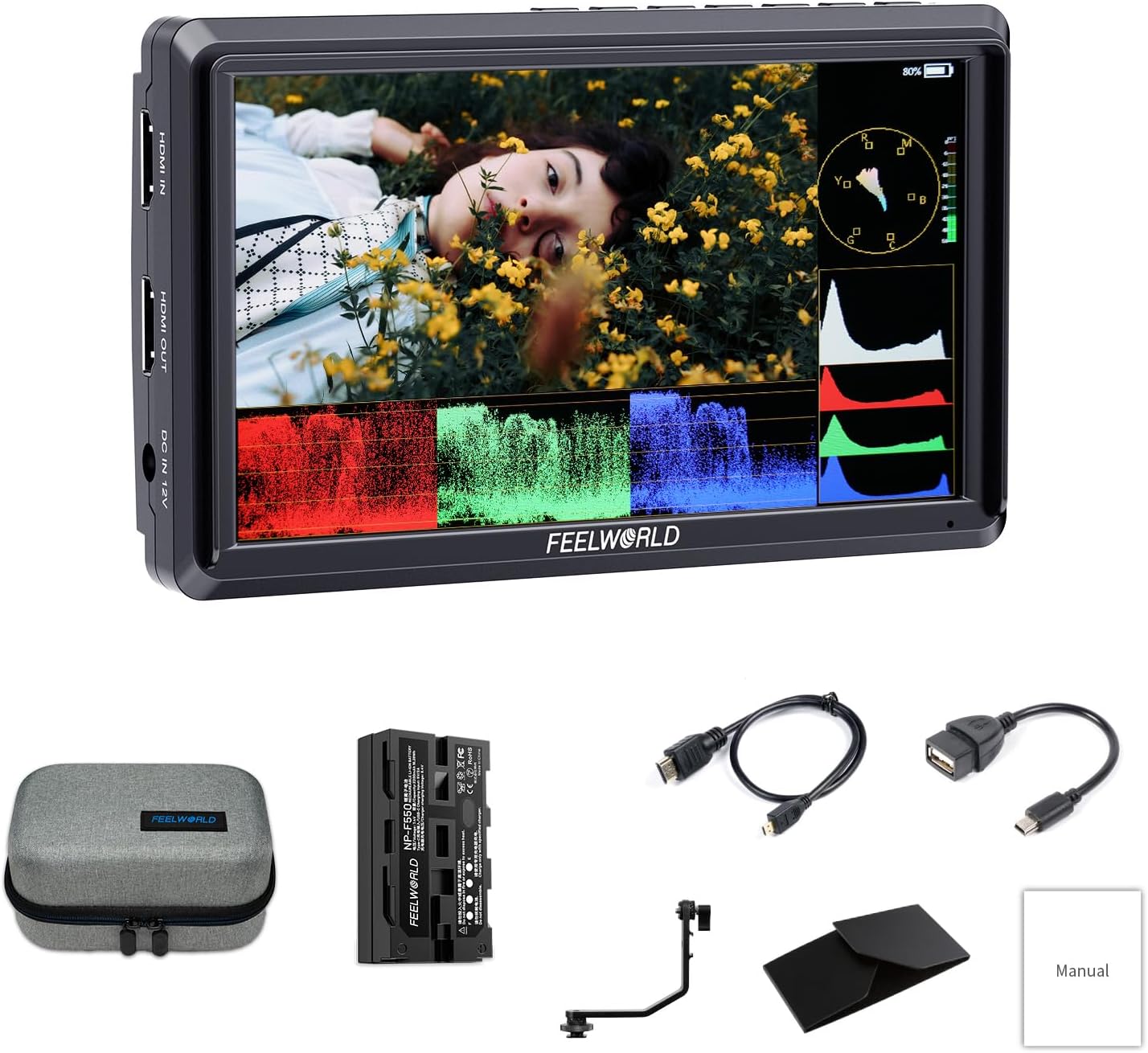 FEELWORLD S55E 5.5 inch DSLR Field Monitor 3D LUT Compact Full HD 1920x1152 IPS Video Assist Peaking Focus with 4K60Hz HDMI 8.4V DC Inputs/Outputs Includes F550 4400mAh Battery,Tilt Arm,Sunshade