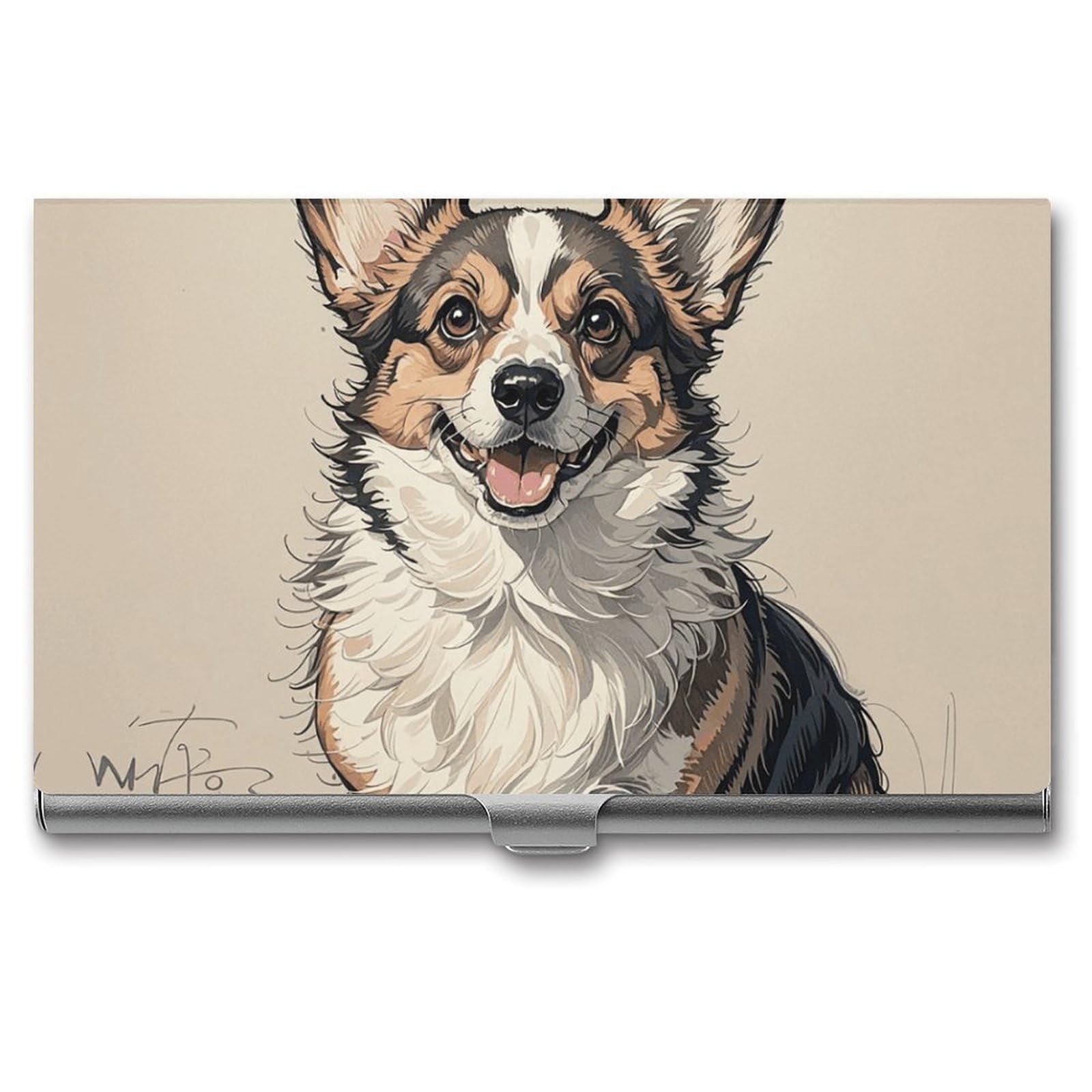 DWVTSLH Hand Drawn Sketch Corgi Business Card Holder, Slim Portable Metal Business Card Case Pocket Wallet Professional Name Cards Holder for 22-30 Cards, Credit Card ID Case/Holder for Men Women