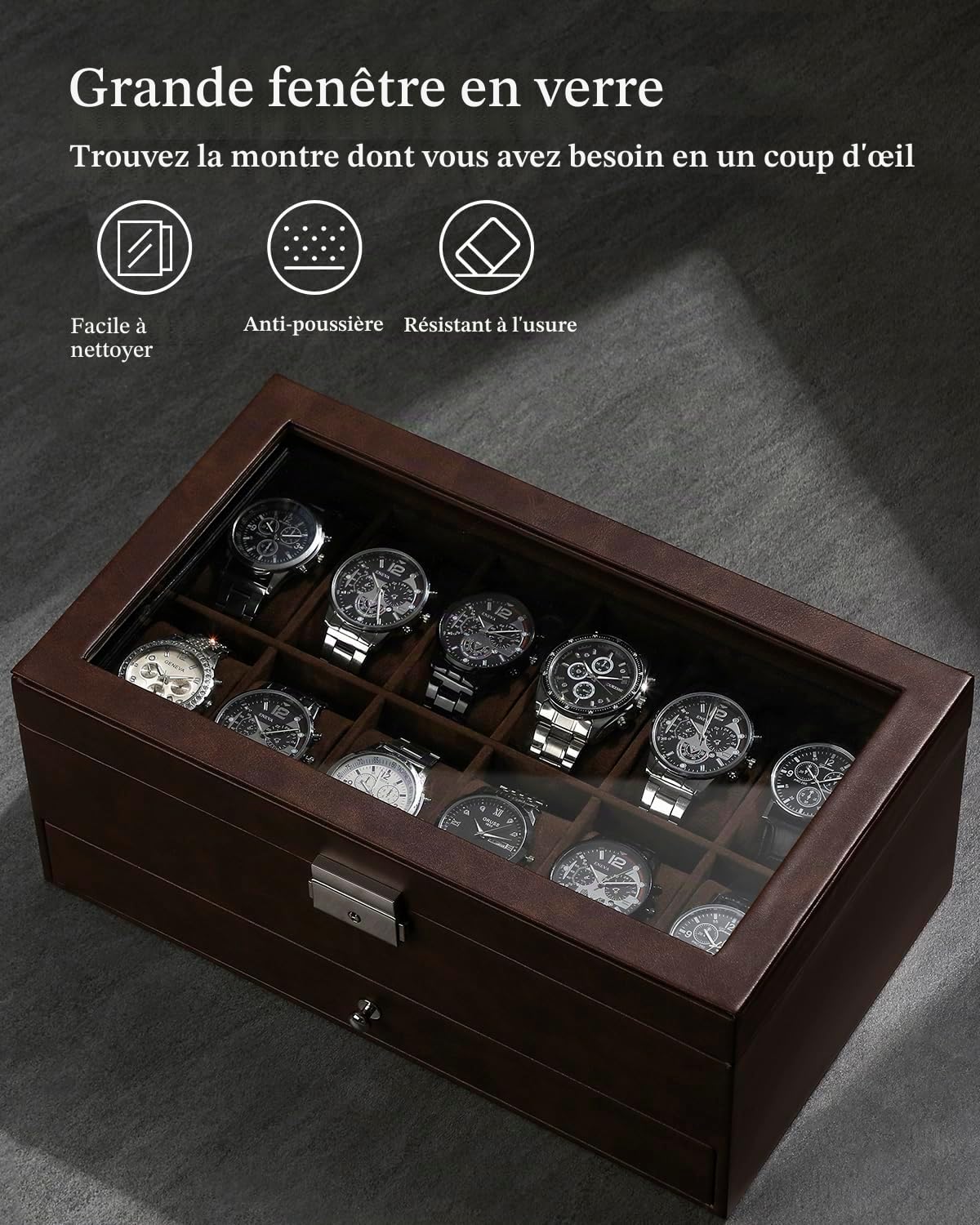 Boîte à montres pour 12 montres, à 2 étages avec couvercle en verre et tiroir, pour homme, avec serrure à clé, cadeau parfait pour homme, pour bagues, boutons de manchette et montres, marron