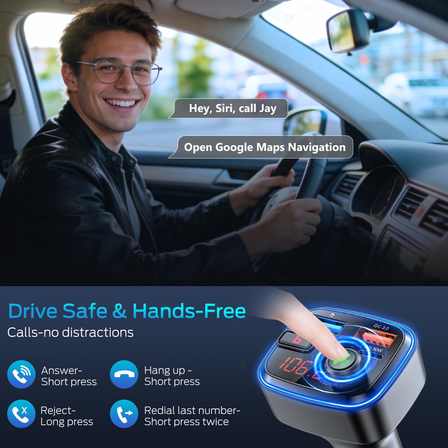 HUNDRUP Adaptateur Bluetooth 5.4 pour voiture, adaptateur USB Bluetooth pour charge, émetteur FM sans fil, radio mains libres et récepteur audio (bleu-48 W)