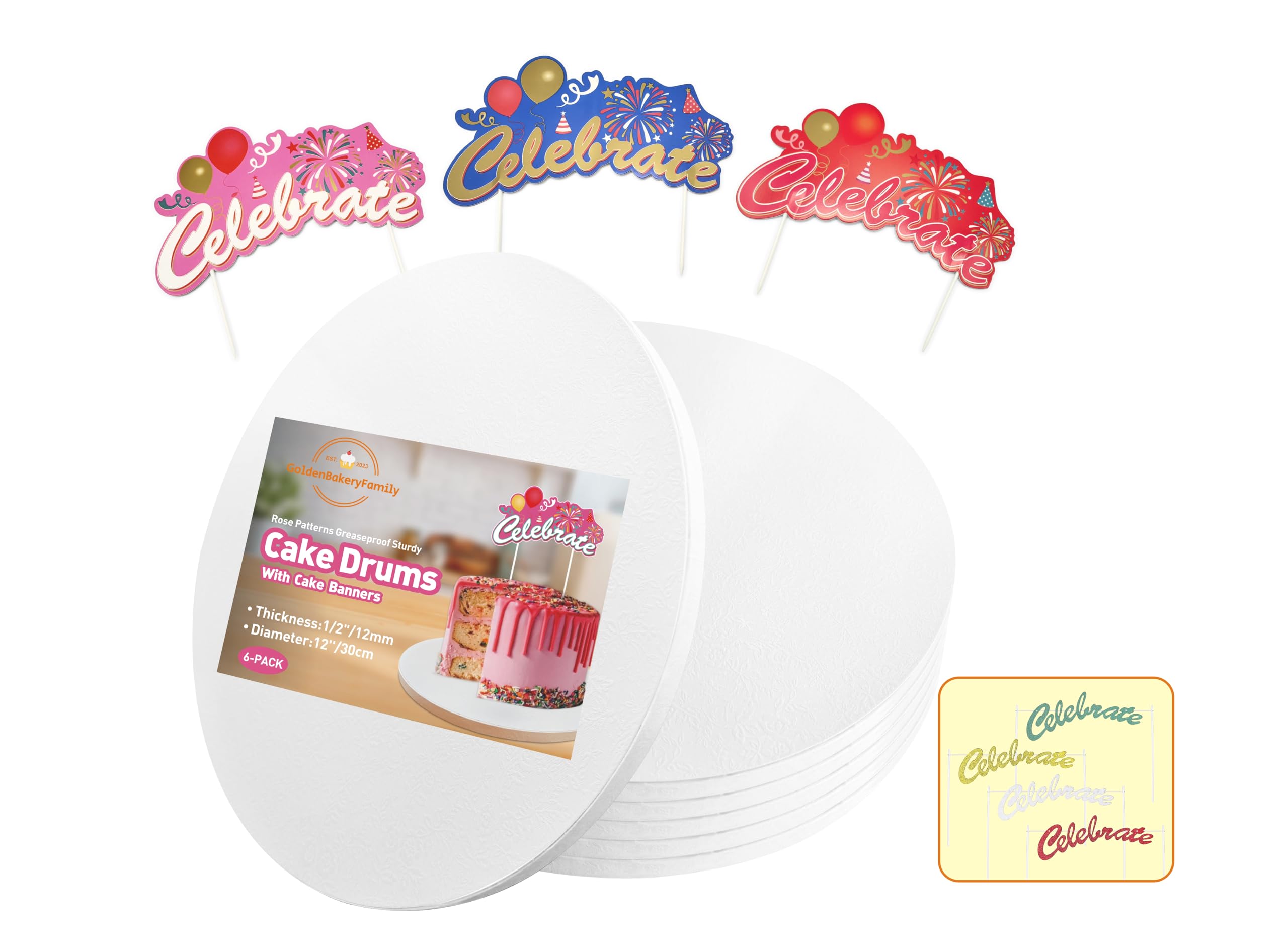 12 Inch Cake Drums-Cake Board with Banner Cake Topper Round White(6-Pack) 1/2 Inch Thick Cake Boards Sturdy, Greaseproof for Birthday Wedding Multi-Tiered Party Cake Boards
