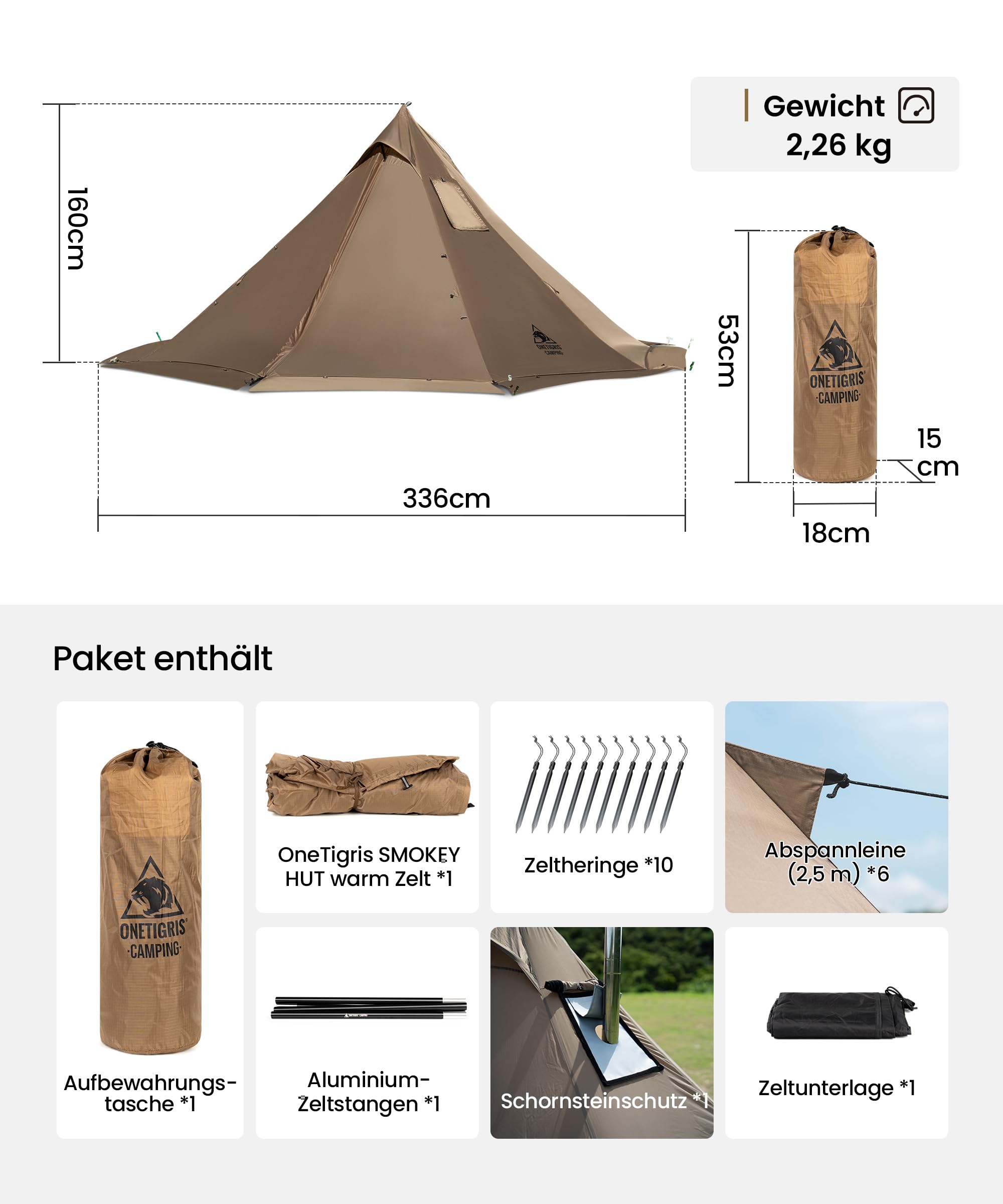 OneTigris Smokey Hut Tente ultra légère pour 2 personnes, 4 saisons, imperméable, 2000 mm, tente chaude avec trou de cheminée et jupe pare-neige, pour camping, randonnée, randonnée (marron coyote)