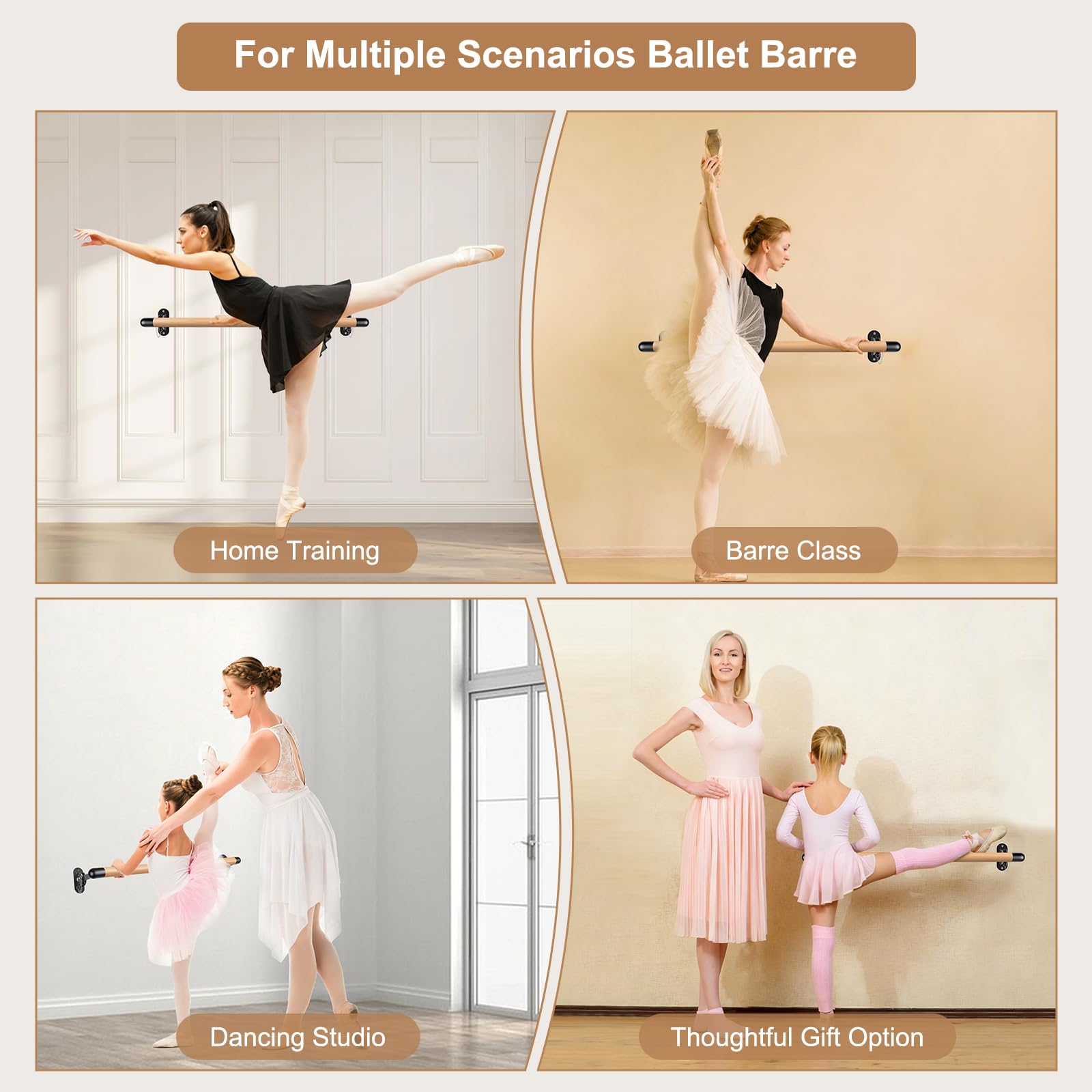 Dolibest Barre de Ballet, 0.9-2.5M Barre de Danse Murale en Bois Ajustable pour l'équipement d'étirement de Barre d'entraînement à Domicile avec Support Métallique pour Enfants/Adultes, 4cm Diamètre