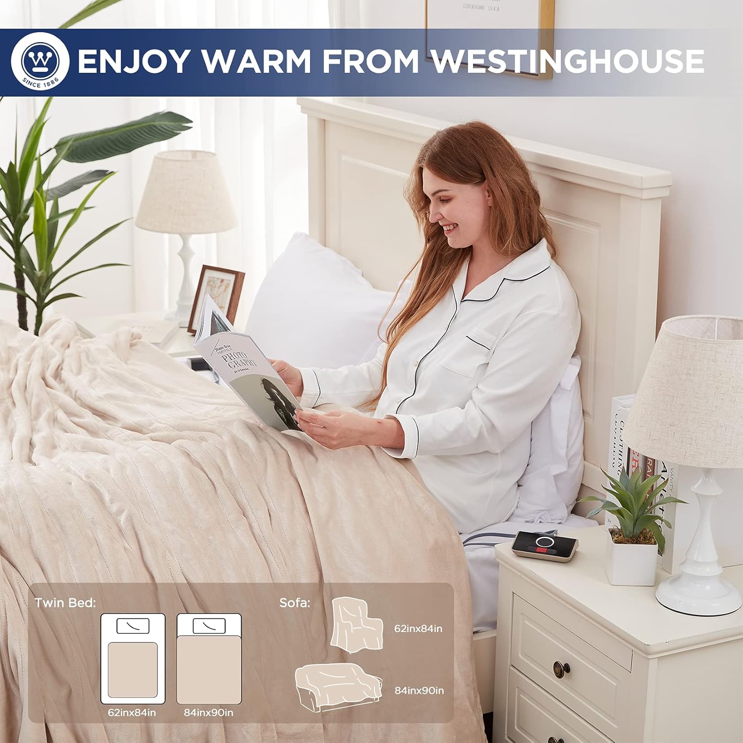 Westinghouse Electric Blanket Queen Size 84"x90" Heated Throw Soft Silky Plush Flannel Heating Blanket, 10 Heat Settings & 12 Hours Auto Off, Machine Washable, Beige : Home & Kitchen