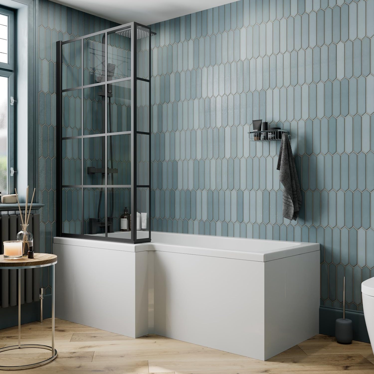 BAYSTONE 1700 x 855mm Left Hand L Shaped Shower Bath Bathtub with Front Panel + Black Framed Grid Bath Screen