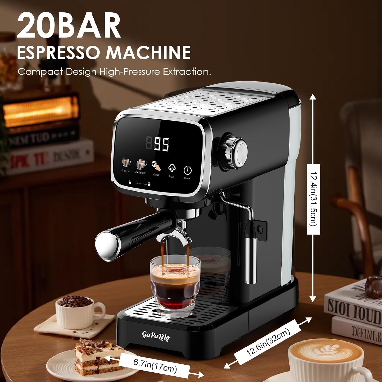 20 Bar Espresso Machine with Milk Frother, Slim Compact Coffee Maker with LED Display,Home Espresso Maker with Child Lock, 43oz PP Removable Water Tank for Home Barista, Dark Black