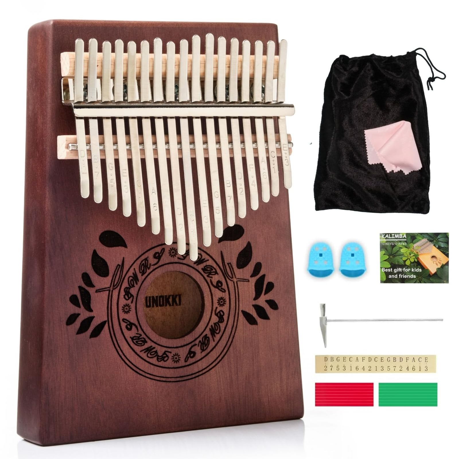 17-Key Kalimba Thumb Piano - Compact Portable Percussion Instrument - Christmas Holiday Stocking Stuffer & Music Gifts - Beginner-Friendly for Kids Ages 9-12 - Mbira, Dark Brown, Mahogany Wood