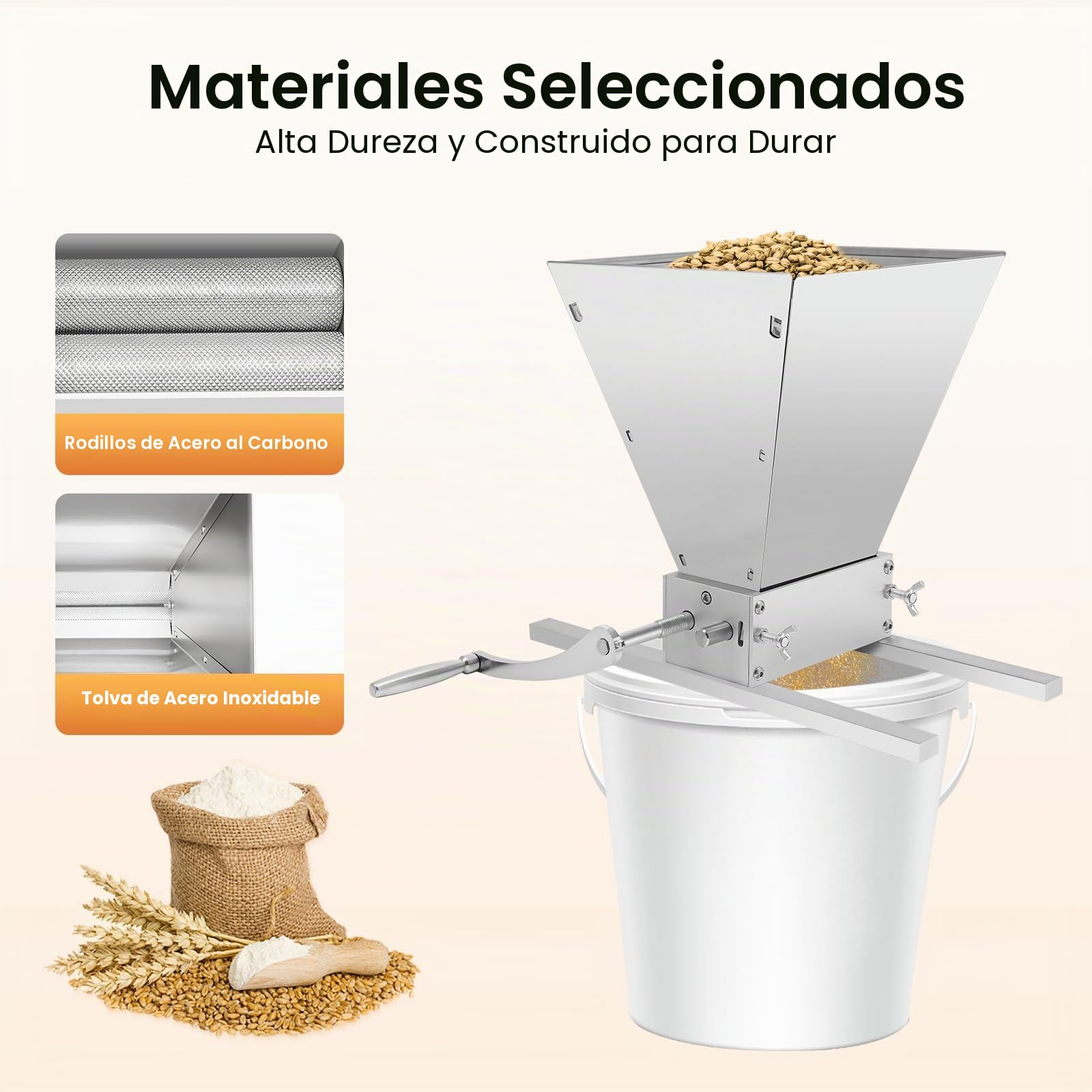 Trituradora de cereales manual de 4 l, molinillo de granos, molino doméstico, 26 cm, 2 rollos de molino de malta regulable 8 lbs/min, trituradora de cereales para moler cebada, trigo y otros granos