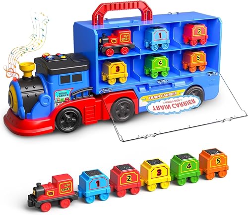 Gloween Juego de camiones de tren para niños y niñas de 3, 4, 5, 6 años, camión de transporte con luz y música, gran regalo de cumpleaños de Navidad