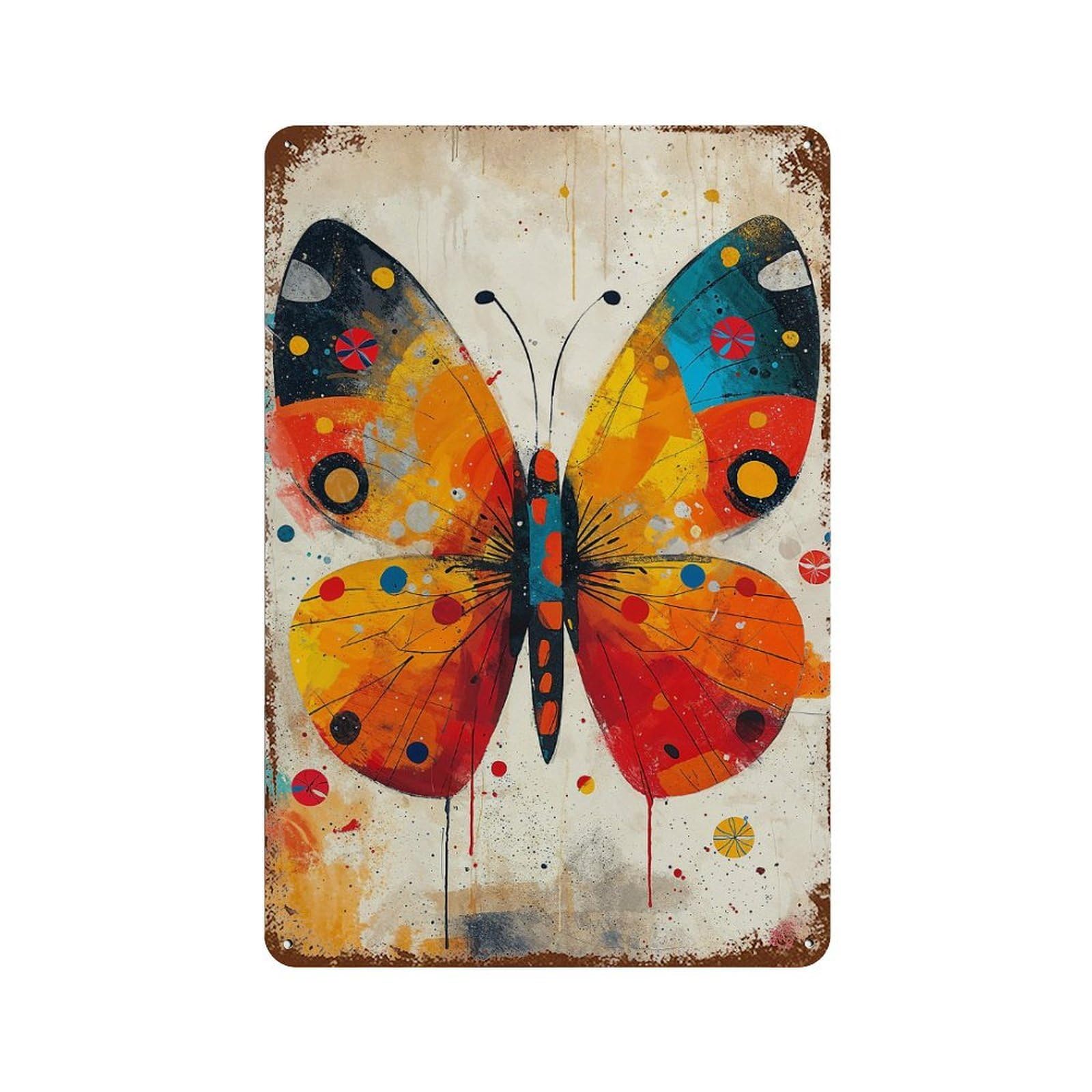 Vibrant Patchwork Butterfl Aged Metal Wall Plaque 11.8"x7.9", Classic Wall Plaque for Garage, Pub Or Kitchen