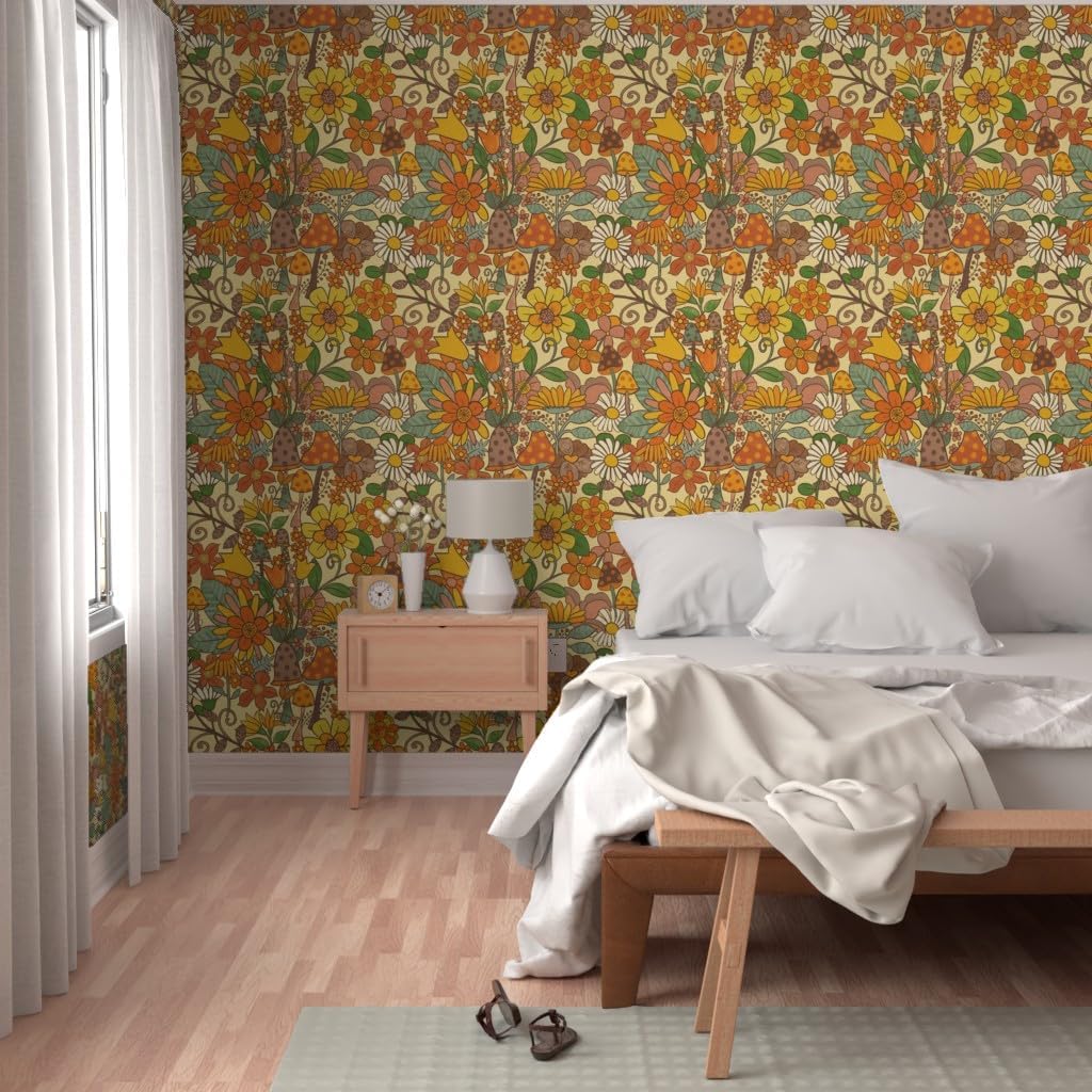 Spoonflower Removable Wallpaper 6ft x 2ft - Flowers Vintage Mushrooms Groovy Flower Power Earth Tones Custom Pre-Pasted Wallpaper