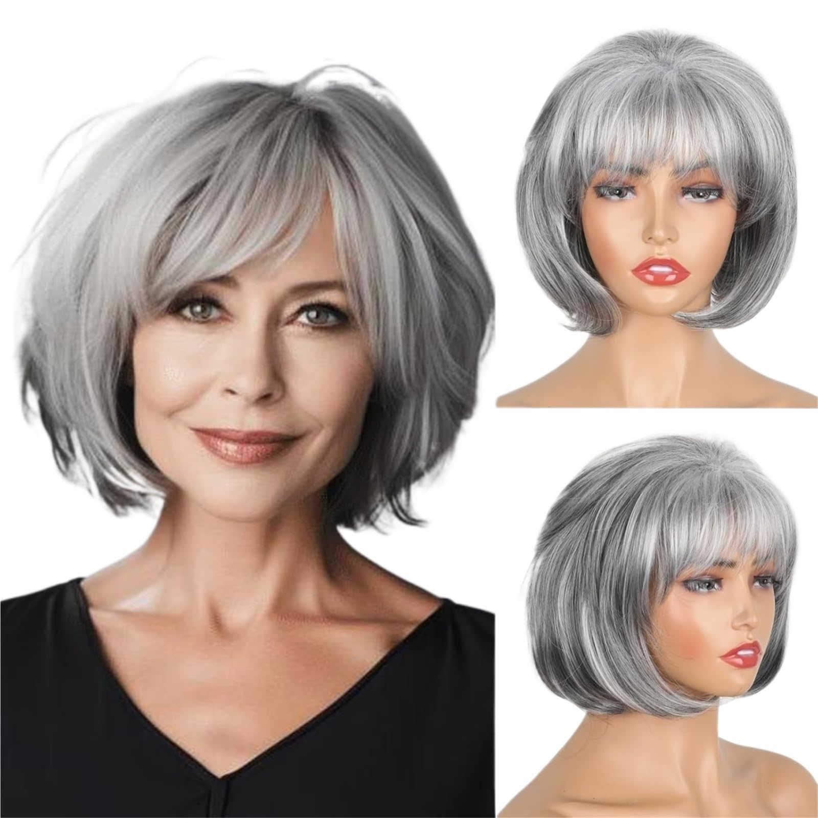 ZTHYSHOZ Women's Wig Women's Short Hair With Inner Button Natural Wig Cover For Styling(Gris)