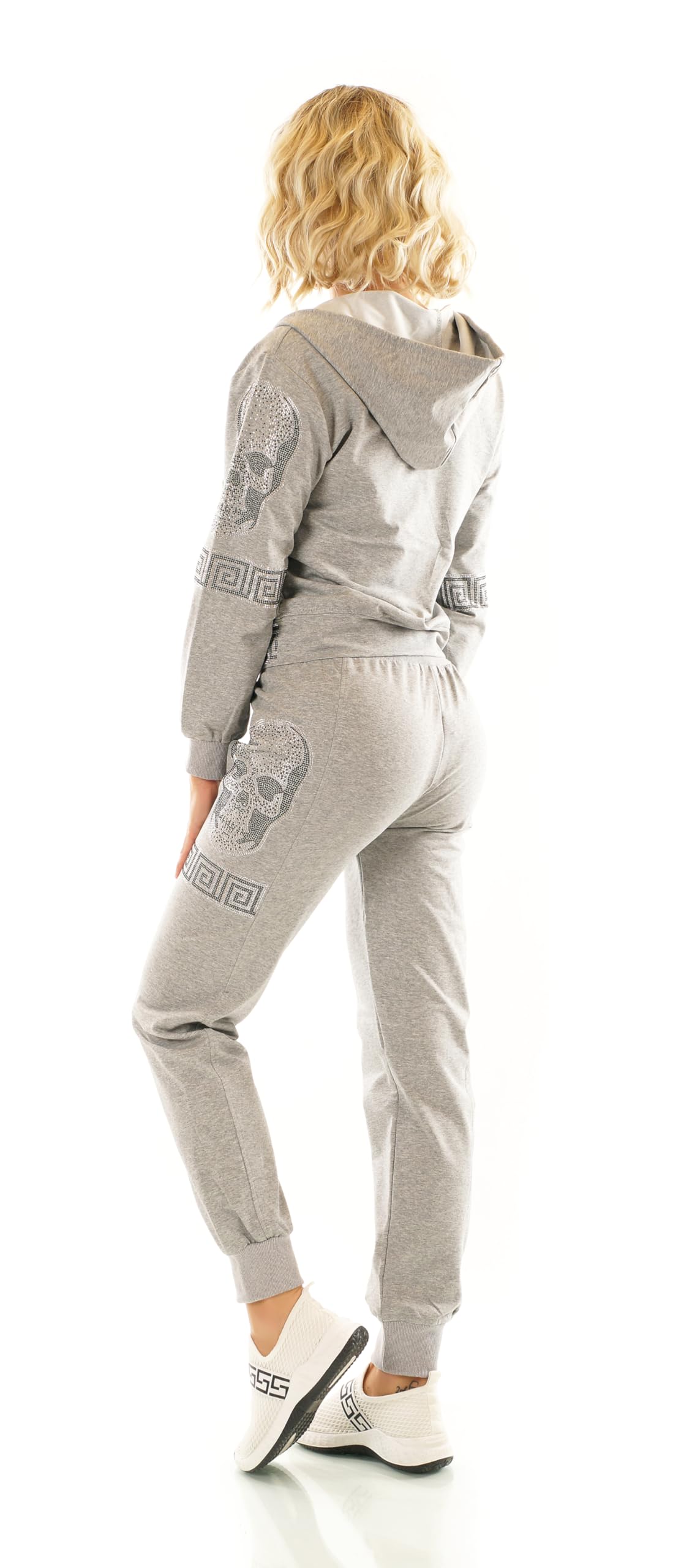 Damen Jogginganzug 2-Teiler Sport Fitness Freizeit Jacke und Hose Strass Nieten Skull Kapuze