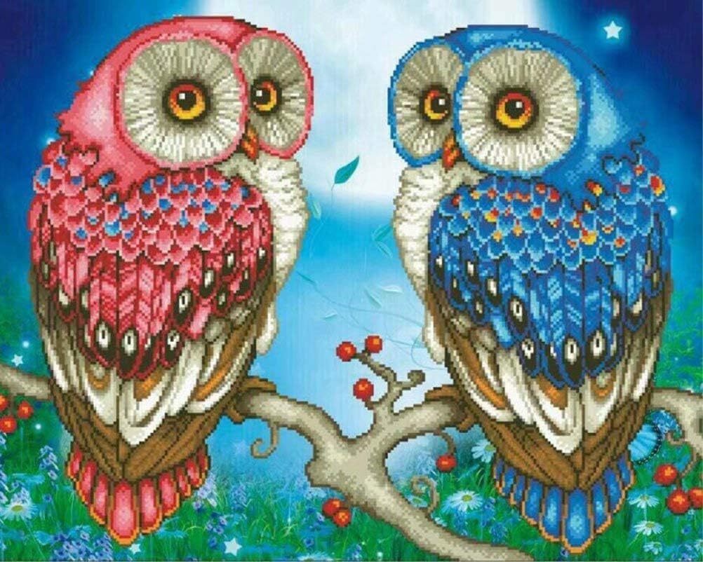 LPRTALK DIY 5D Diamond Painting by Number Kit for Kids Adults, Full Round Drill Diamond Art Embroidery Dotz Kit Cross Stitch Arts Craft Canvas for Wall Decor Cartoon Owls 14X18 inches
