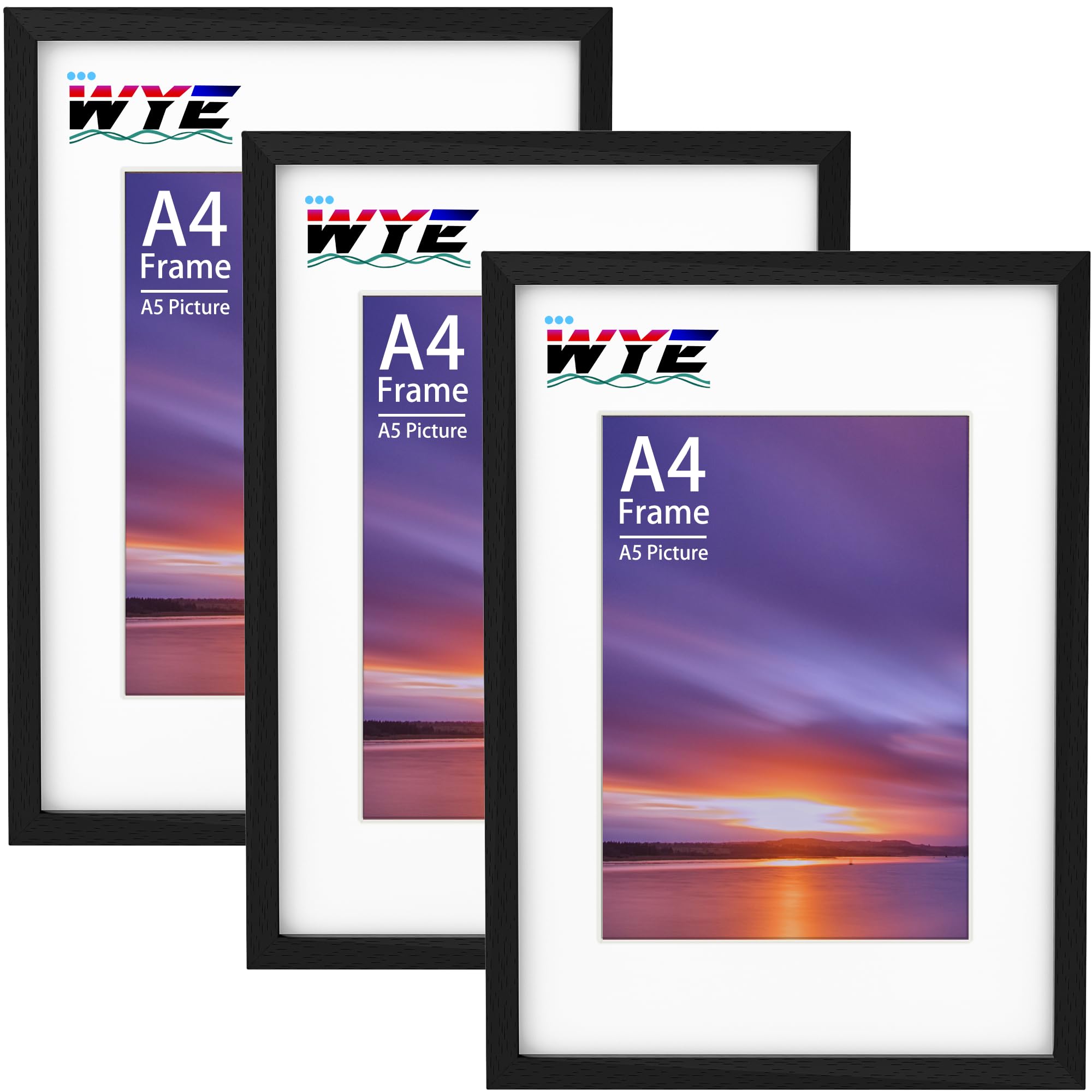 wyewye A4 Frame 3 Pack, 21x29.7 cm Wood Picture Frames with Stand, Tabletop or Wall Hanging, A4 Black Frame with A5 Mount, Document Frame with Plexiglass Window, Black