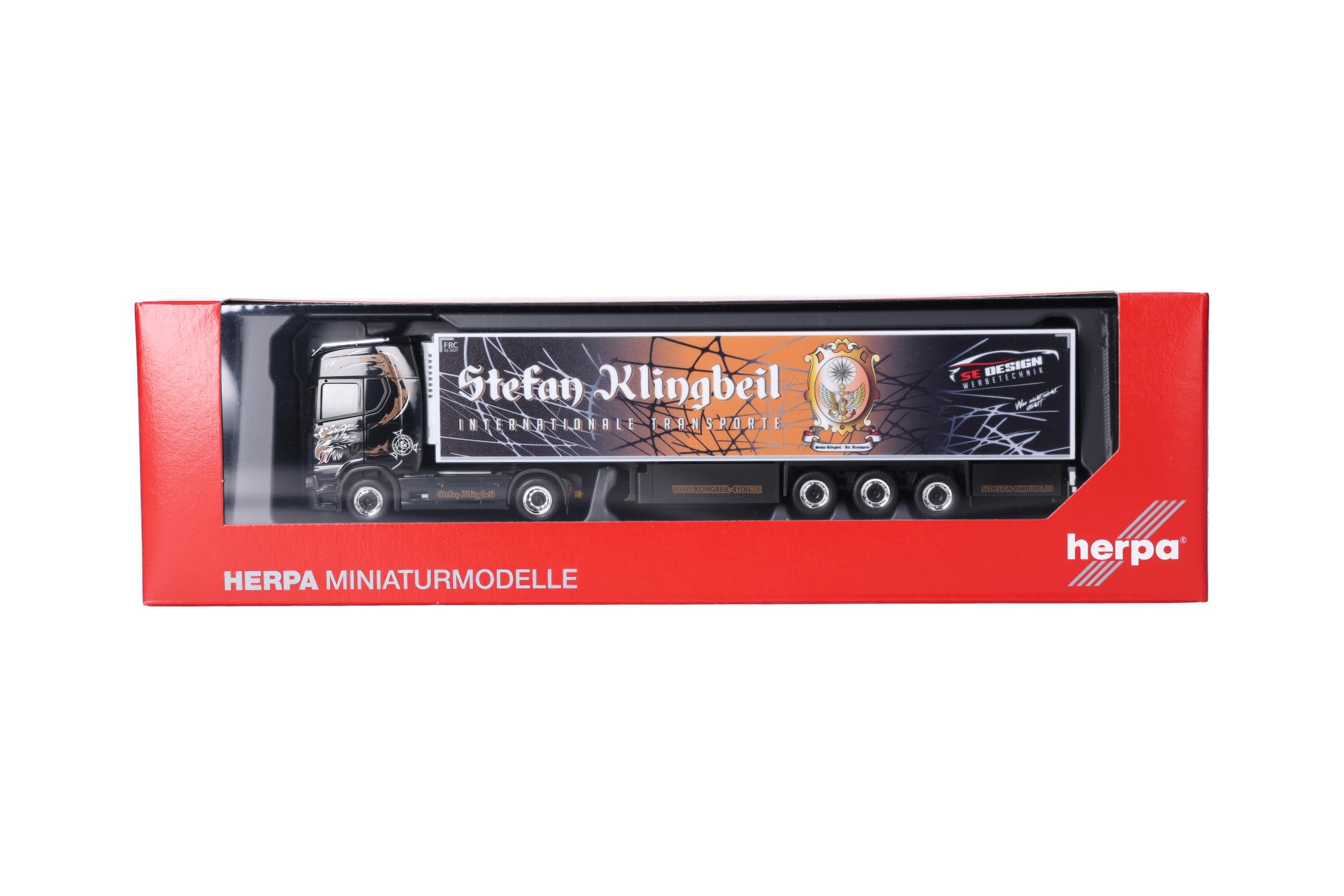 Herpa Model ciężarówki Scania CS 20 HD chłodnia z naczepą „Stefan Klingbeil Transporte”, miniatura w skali 1:87, model kolekcjonerski, wyprodukowany w Niemczech, wykonany z tworzywa sztucznego