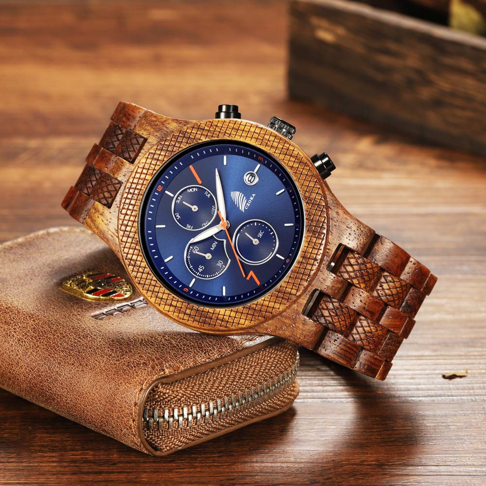 Orologio da Uomo in Legno, Pterocarpus soyauxii Black walnut ebony Orologio Legno Uomo Cronografo Al quarzo con Cinturino in Legno, Adattabile A Qualsiasi Misura Del Polso
