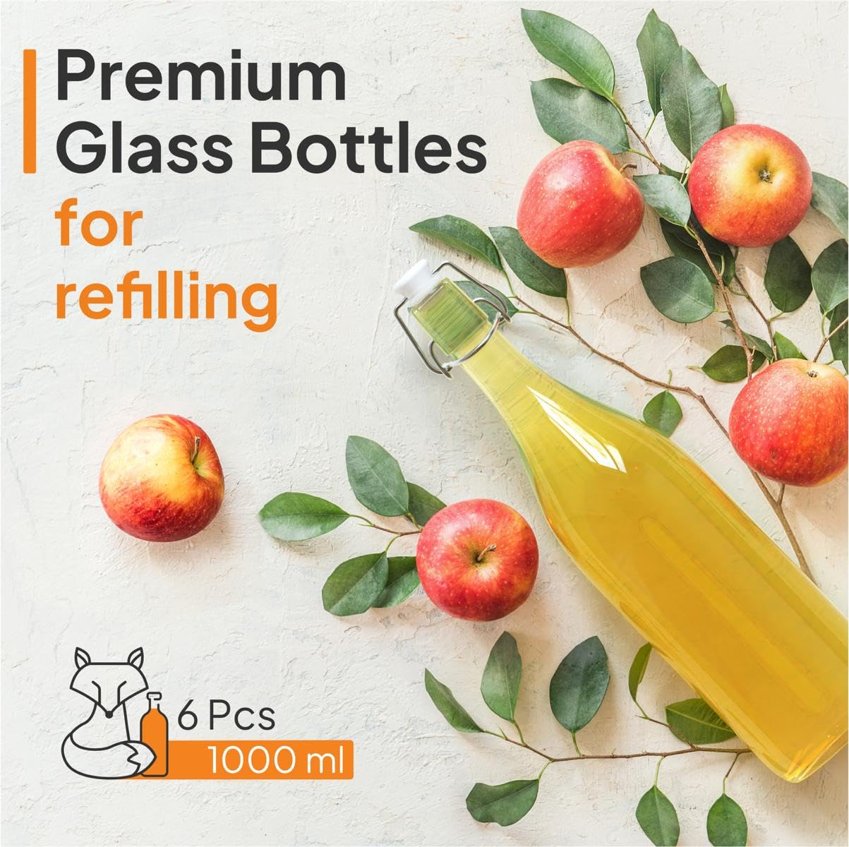 Juego de 6 botellas de vidrio de 1L con cierre hermético - Botella para aceite, vino, licores, agua, cerveza, jugos de fruta, conservas y leche - Botellitas de vidrio pequeñas