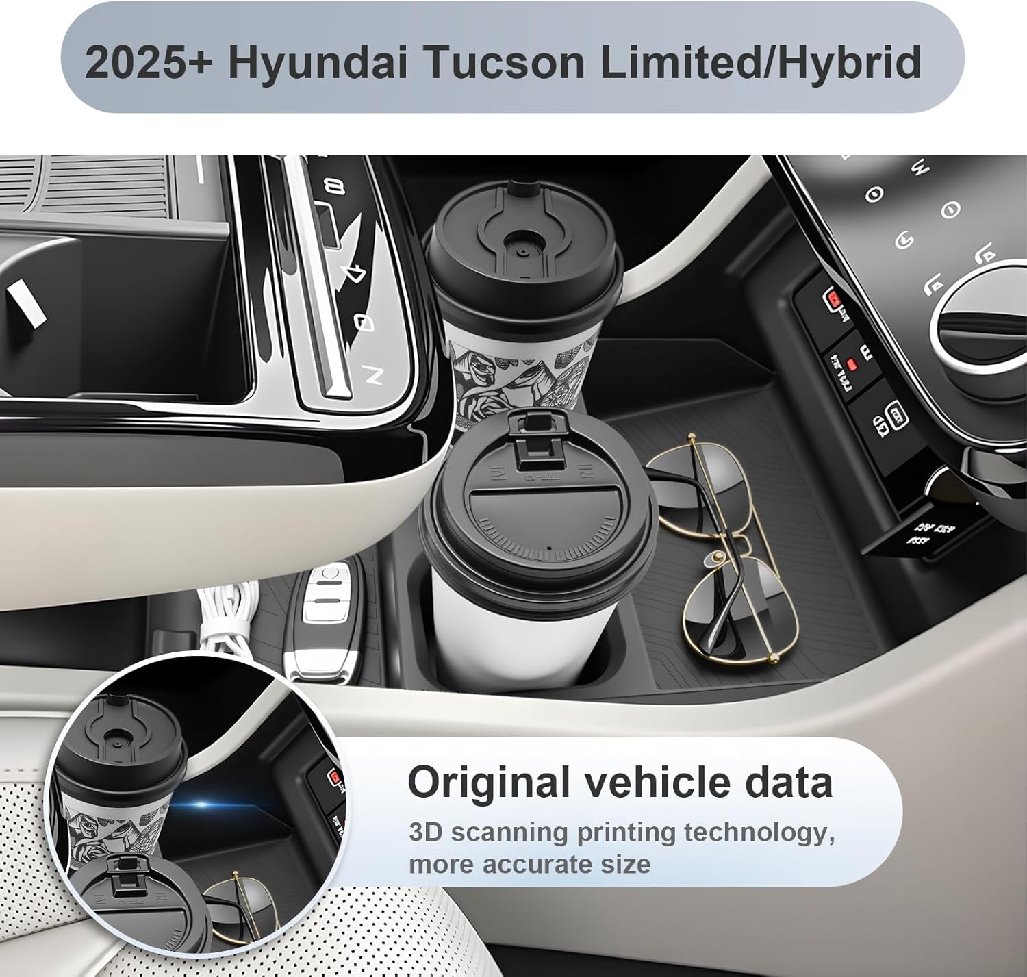 SKTU 2025 2026 Tucson Center Console Organizer for 2025 2026 Hyundai Tucson Limited/Hybrid Console Tray Hyundai Tucson 2025 2026 Accessories Lower Console Tray with Cup Holder (Limited/Hybrid Only)